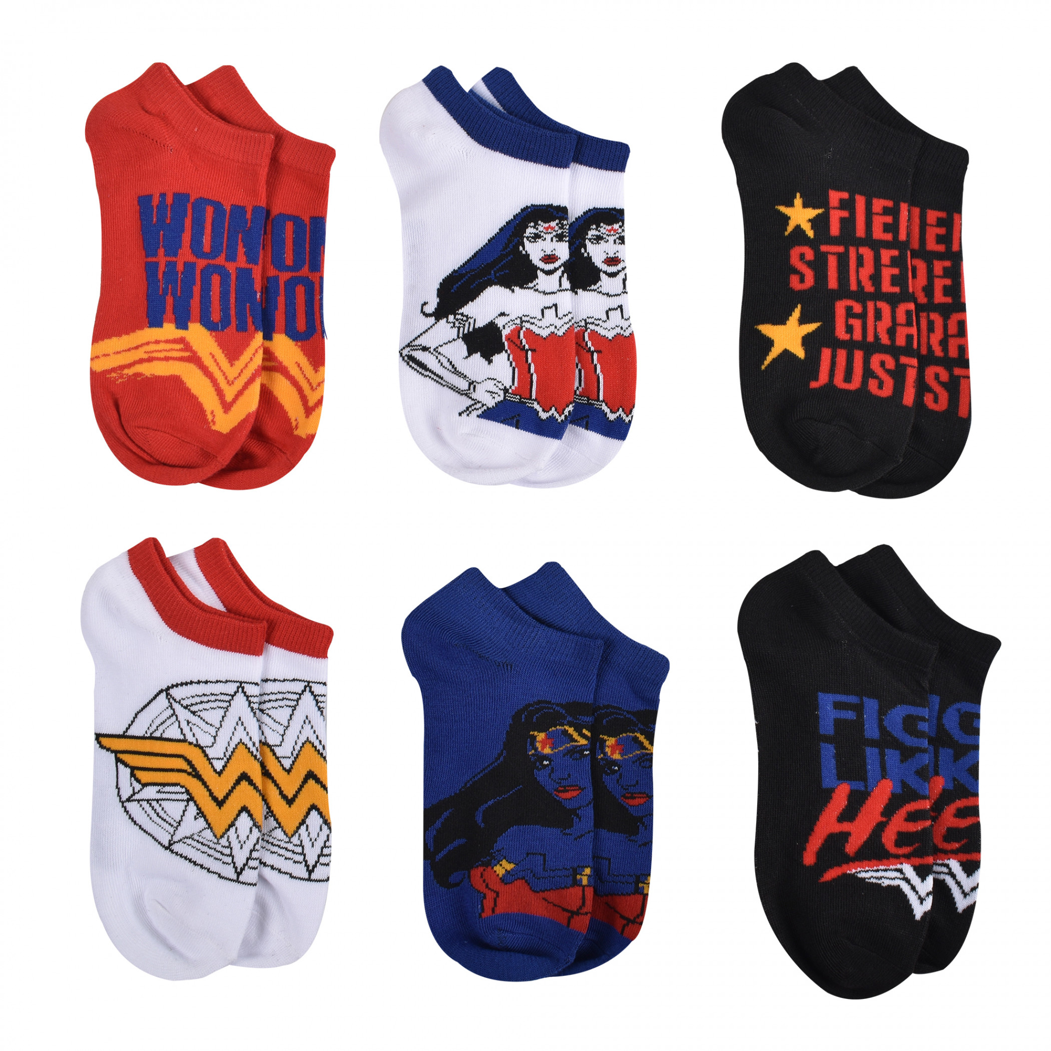 DC Comics Wonder Woman Fierce Variety Women's 6-Pack No Show Socks, Multi-Color