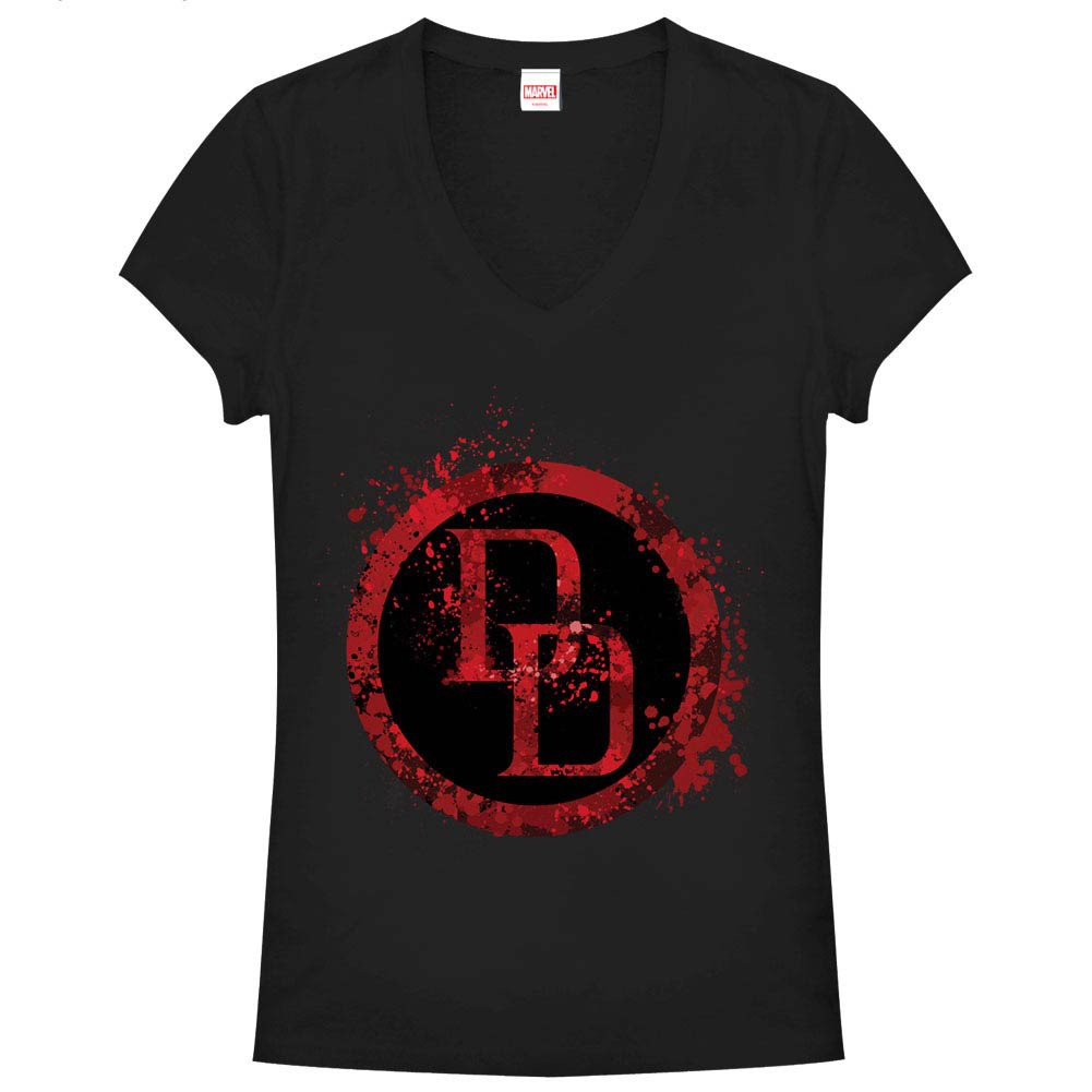 Daredevil DD Splatter Icon Black Juniors V Neck T-Shirt, Black