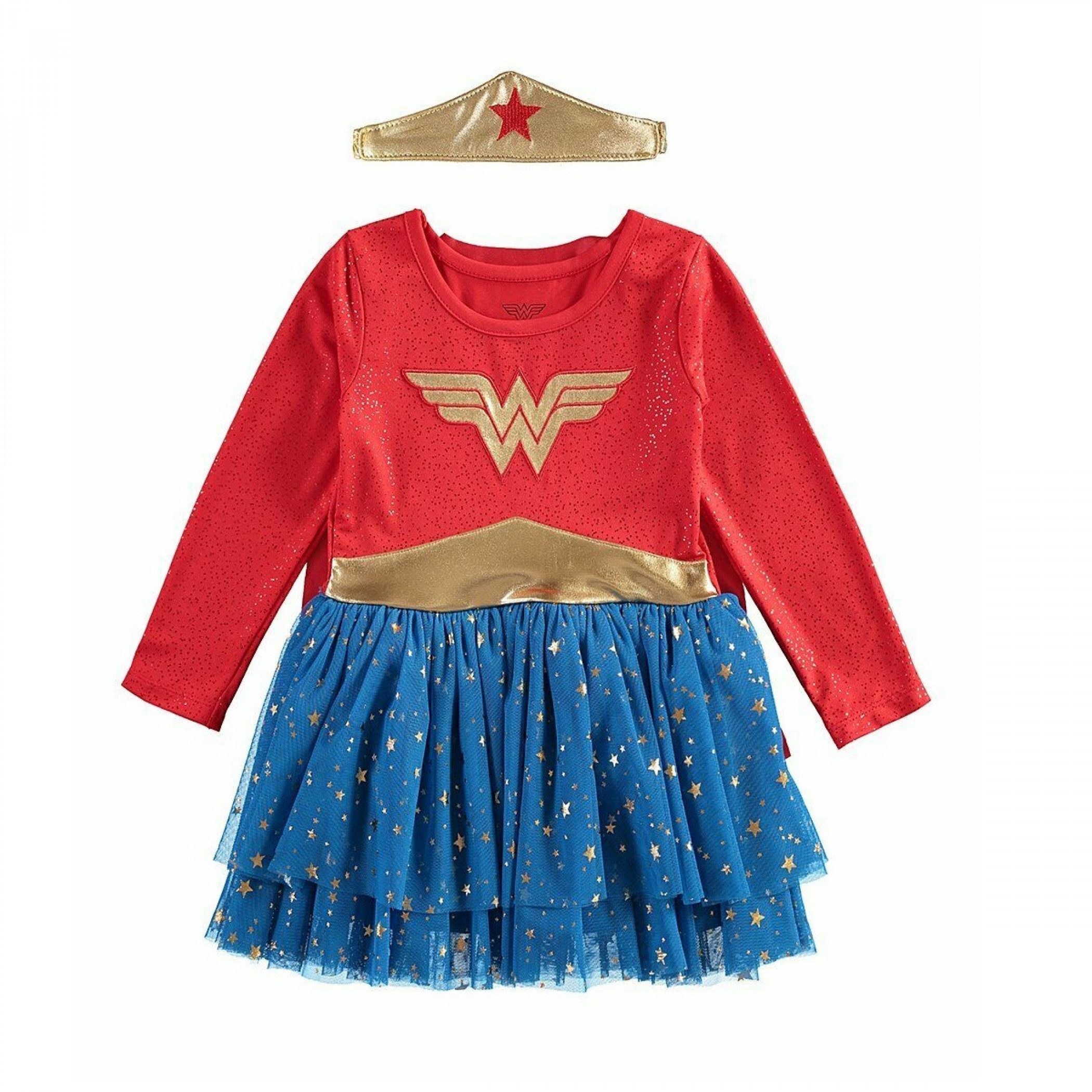 Wonder Woman Dress Up Dress with Cape and Tiara Headband, Multi-Color
