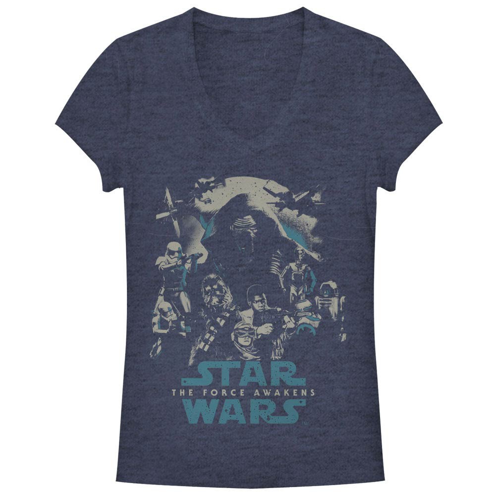 Star Wars Episode 7 Poster Out Blue Juniors V Neck T-Shirt, Blue