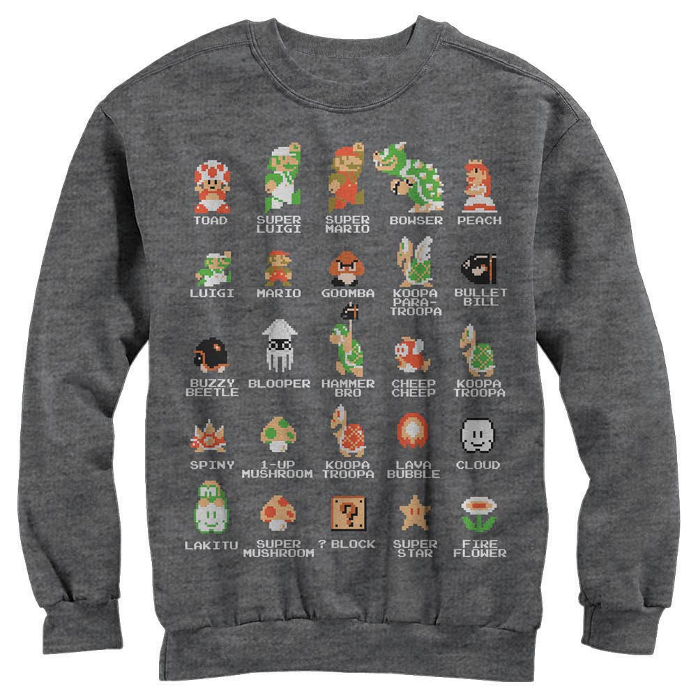 Nintendo Pixel Cast Gray Long Sleeve T-Shirt, Grey