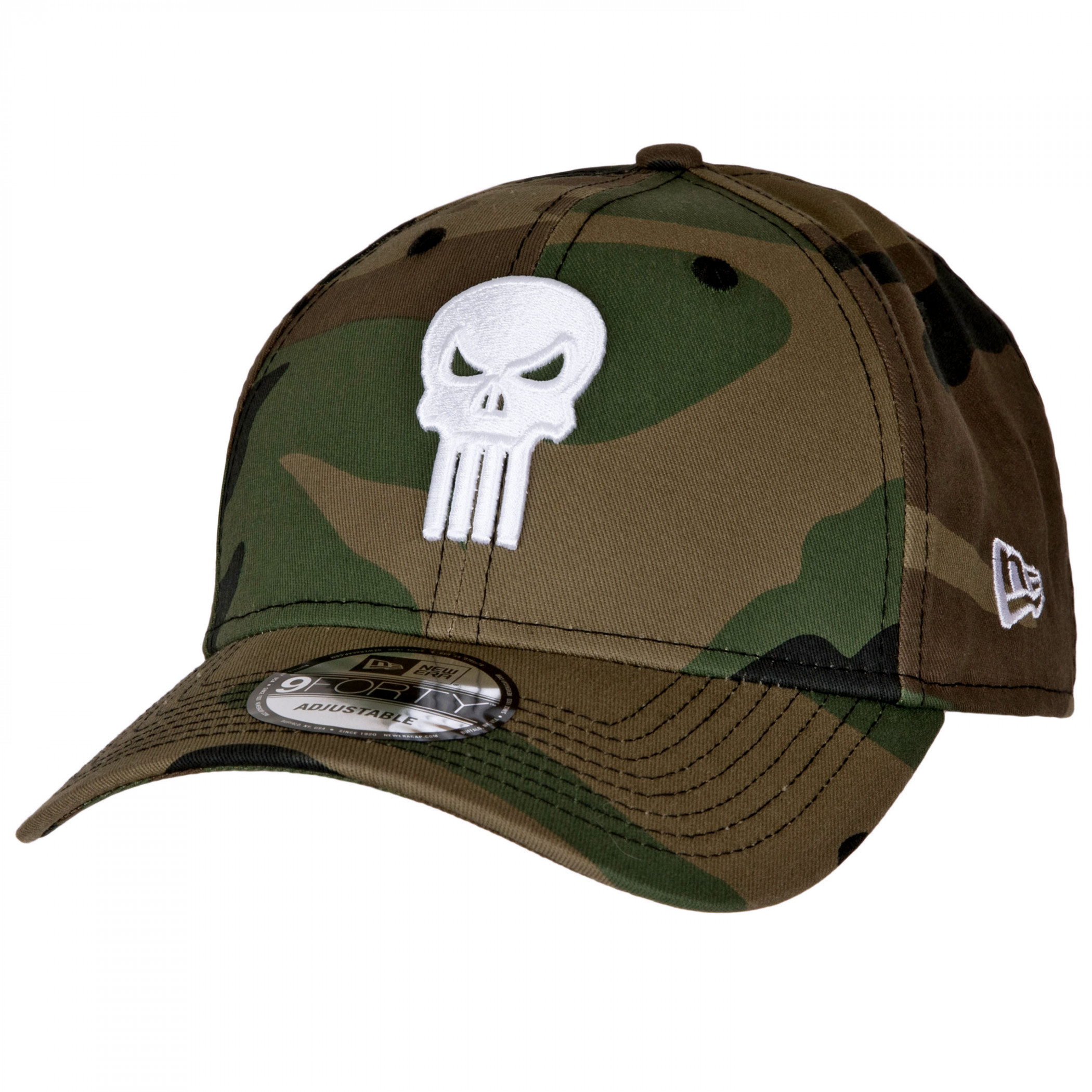 Punisher Woodland Camo New Era 9Forty Adjustable Hat, Multi-Color