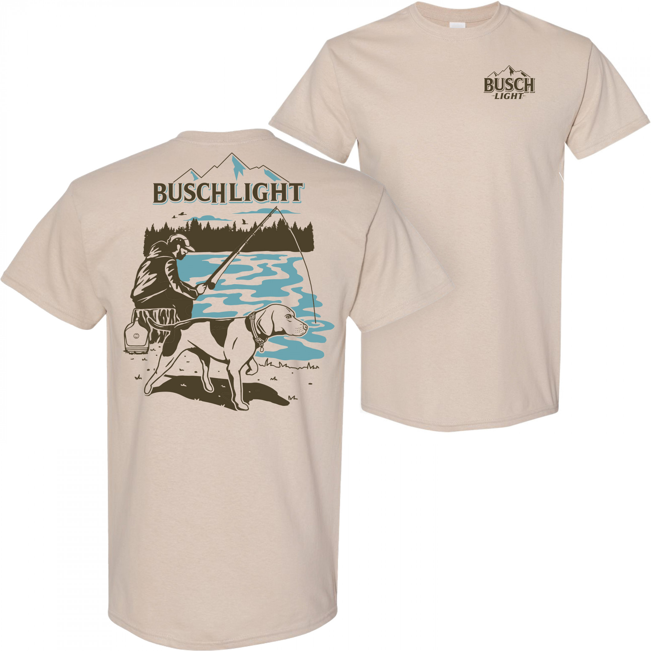 Busch Light Fishing with Friends Tan Front Back Print T-Shirt