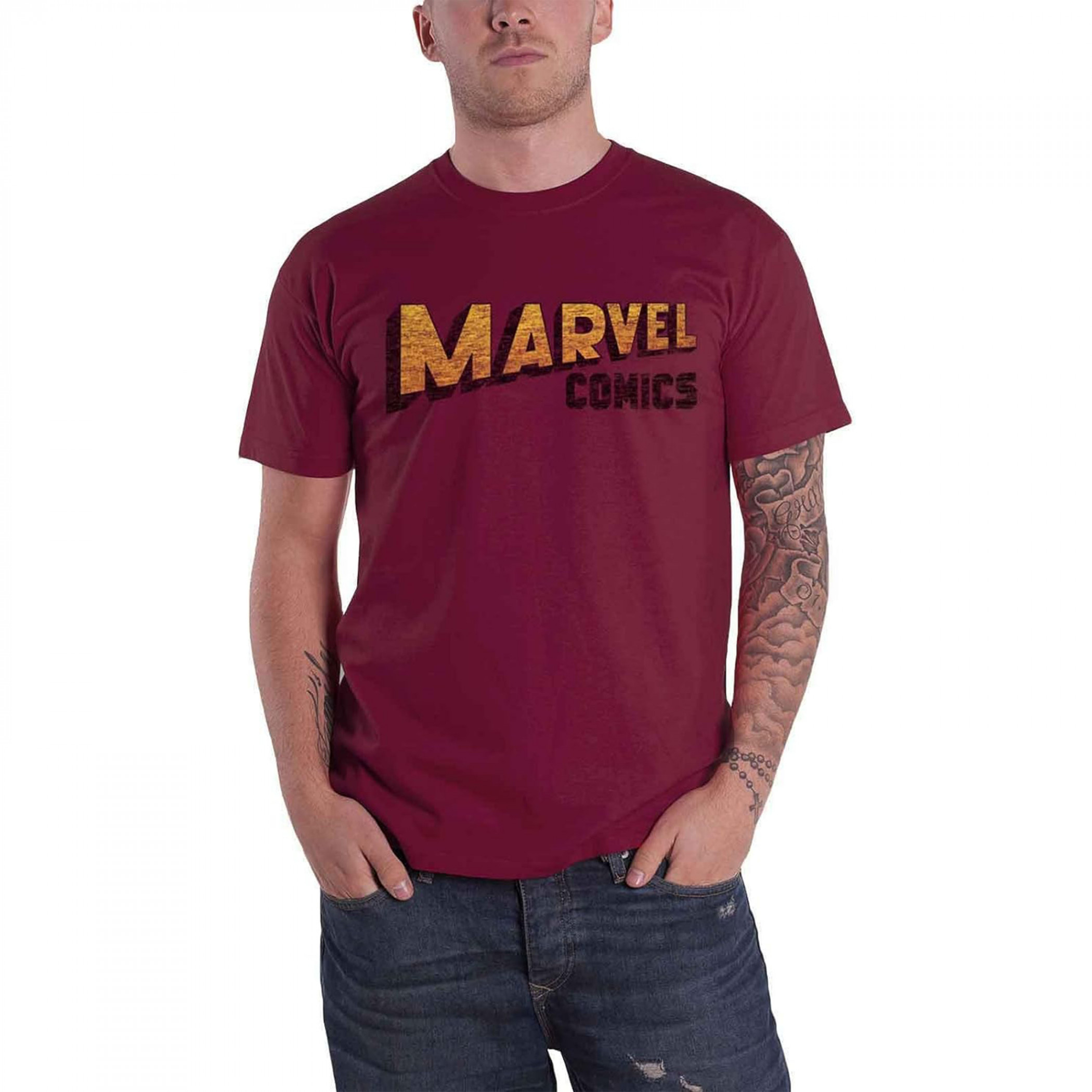 Marvel Comics Warped Logo Maroon Colorway T-Shirt, Red