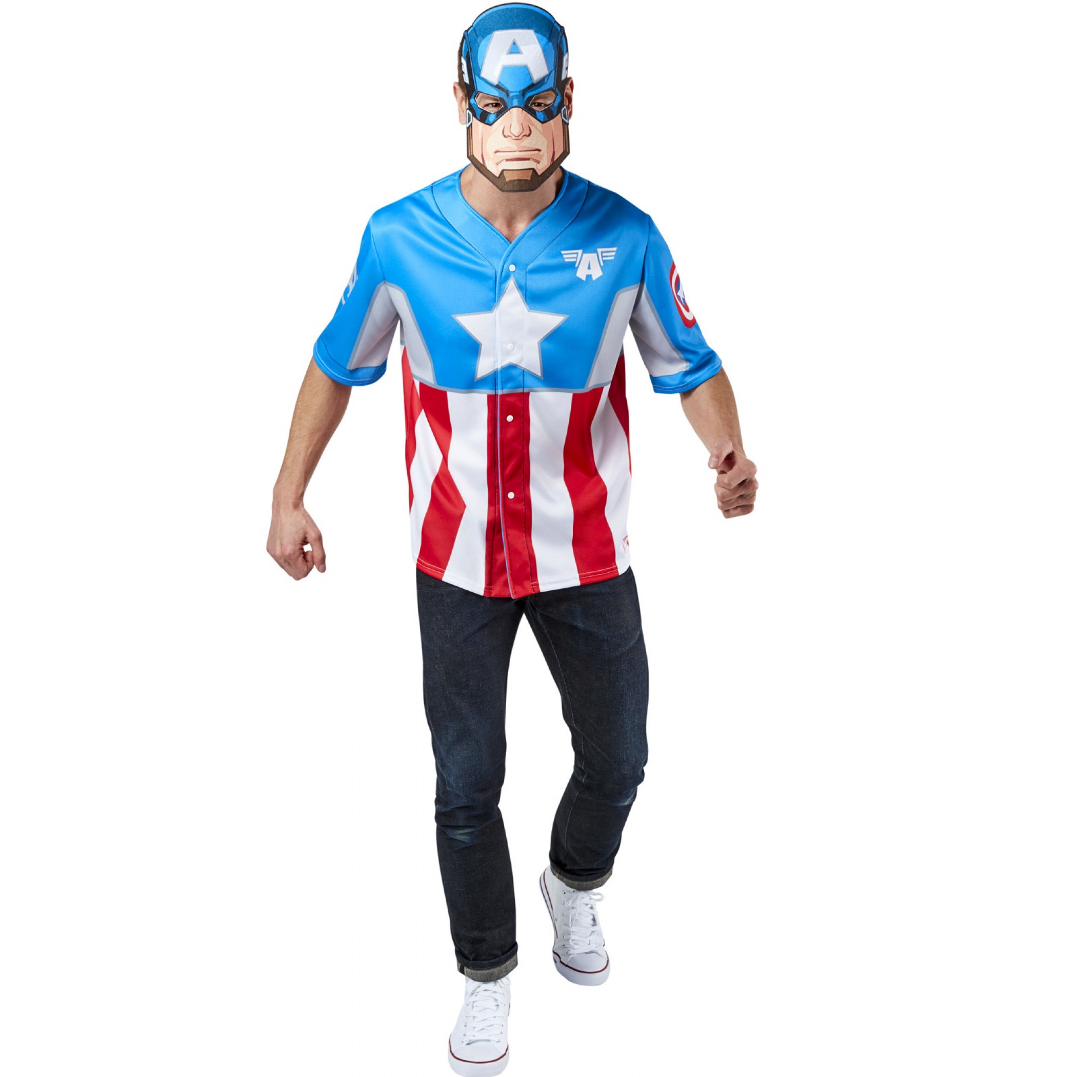 Captain America Men's Baseball Jersey Top and Mask, Multi-Color