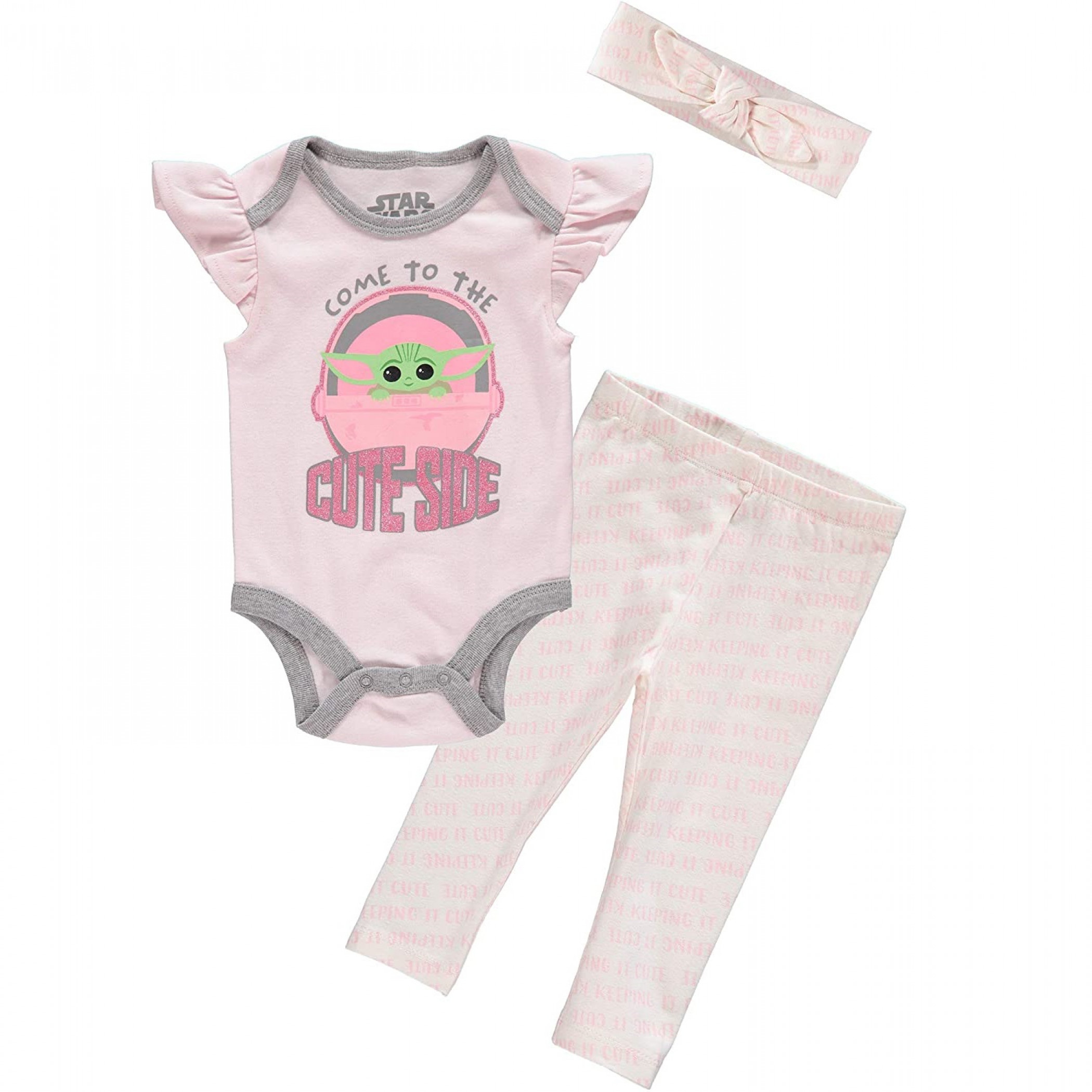 Star Wars The Mandalorian Child Girl 3-Piece Bodysuit Set With Headband, Pink