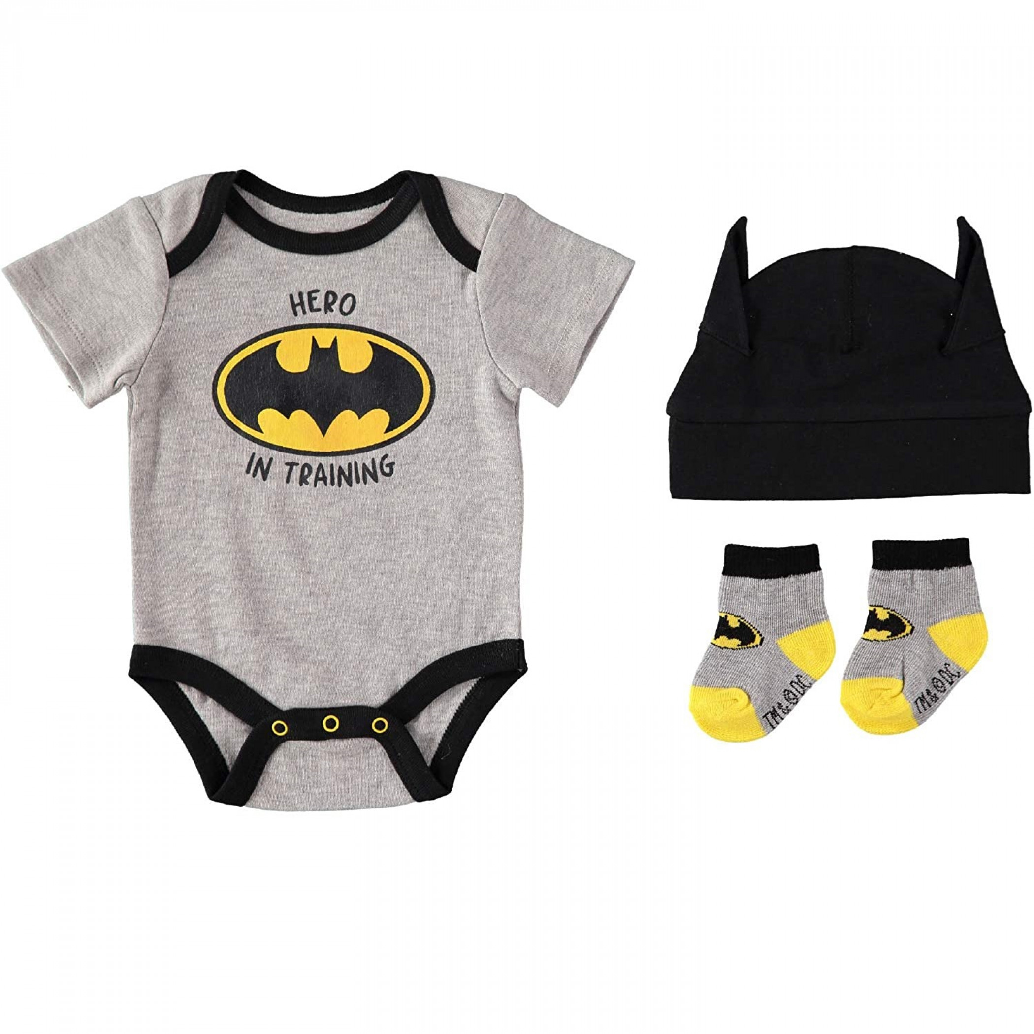 Batman 'Hero In Training' 3-Piece Bodysuit Set, Grey