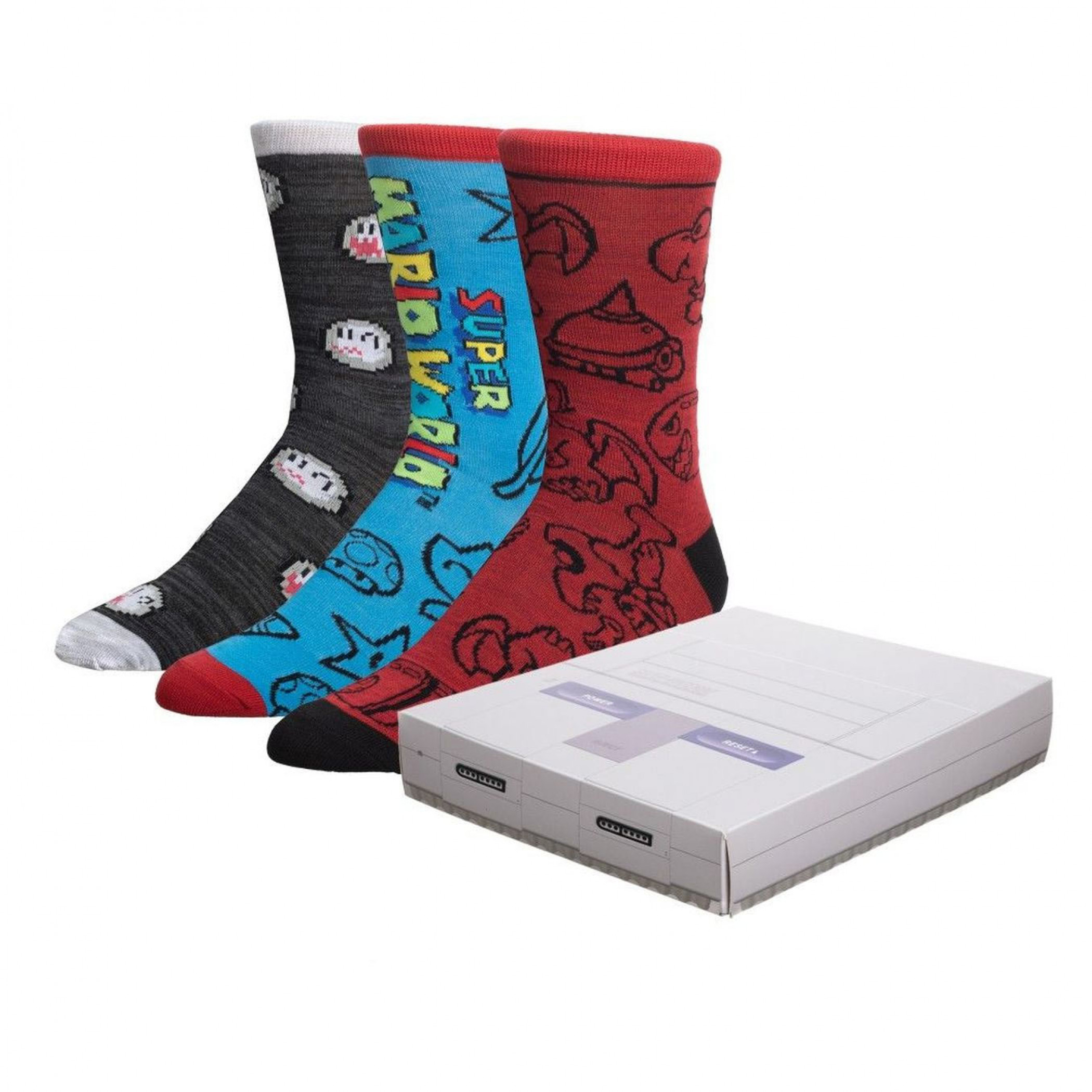Super Nintendo Super Mario Crew Socks 3 Pack Box Set, Multi-Color