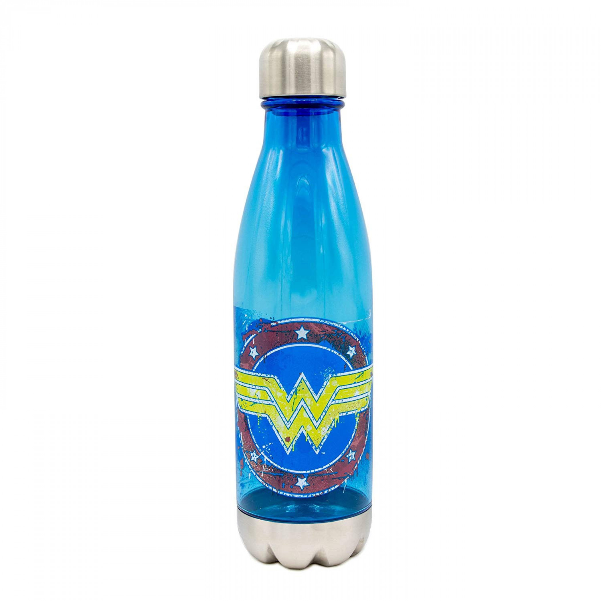 Wonder Woman Splatter Paint Logo Curved Water Bottle, Blue