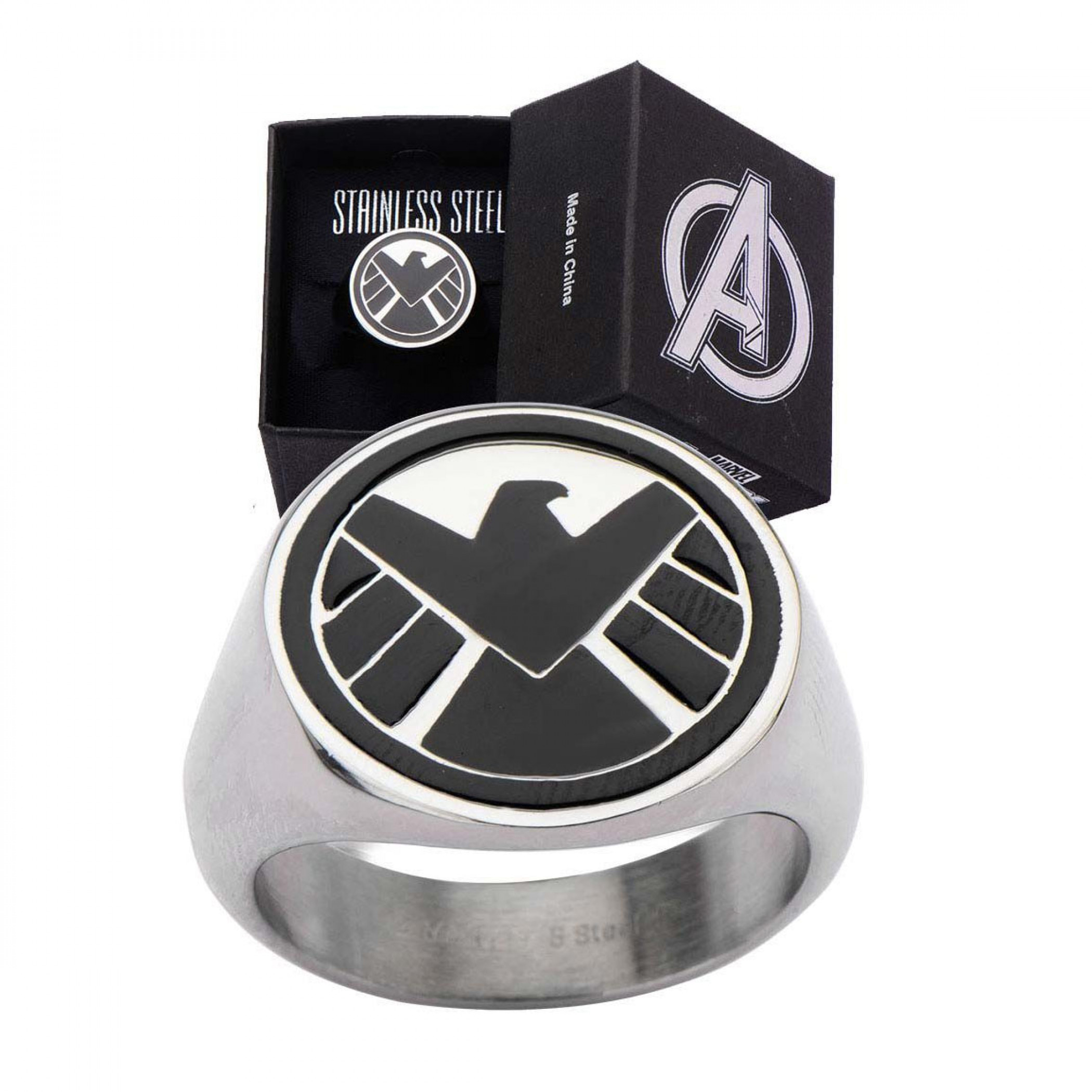 S.H.I.E.L.D Stainless Steel Black Logo Ring, Silver