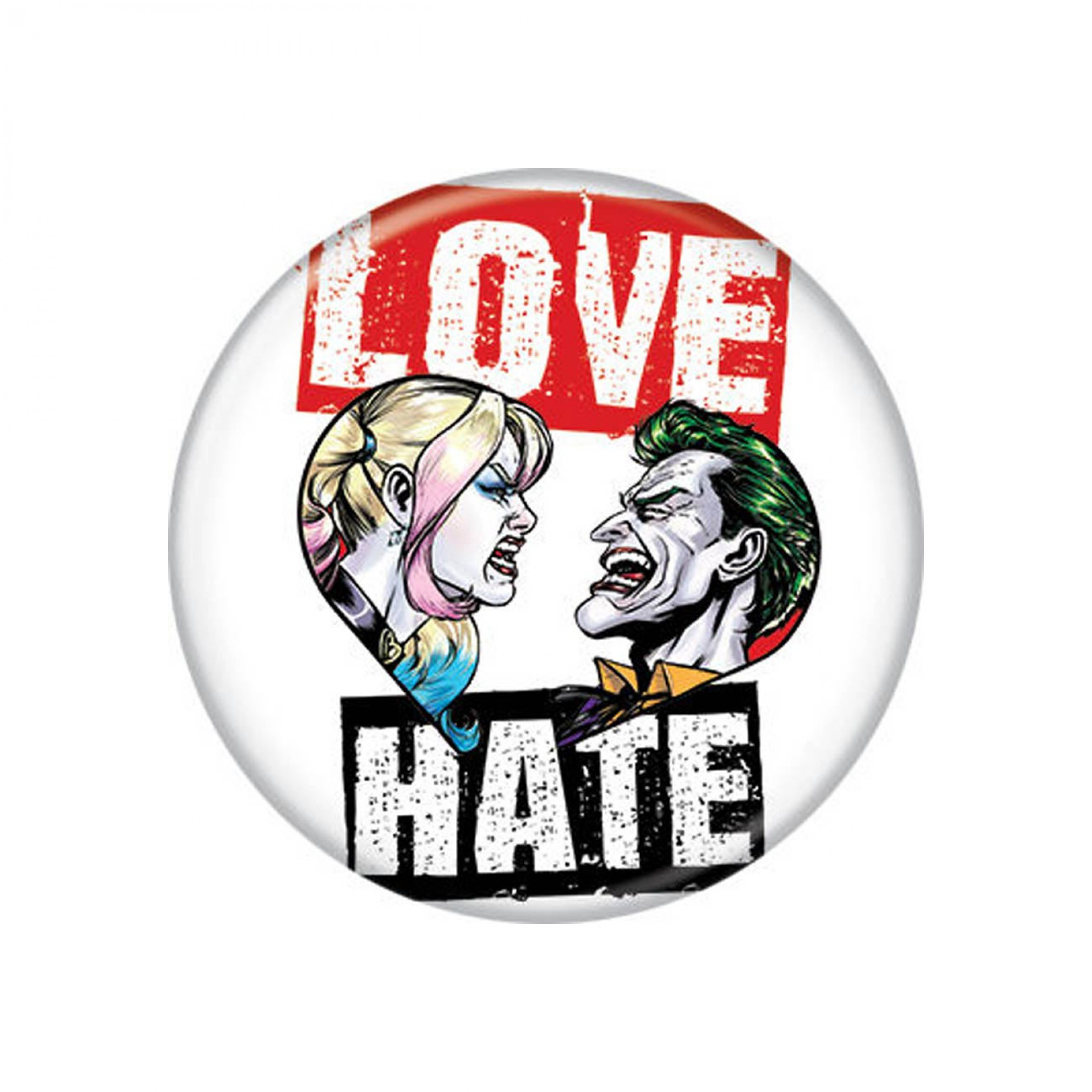 Harley Quinn and Joker Love and Hate 1.25 inch Button, White
