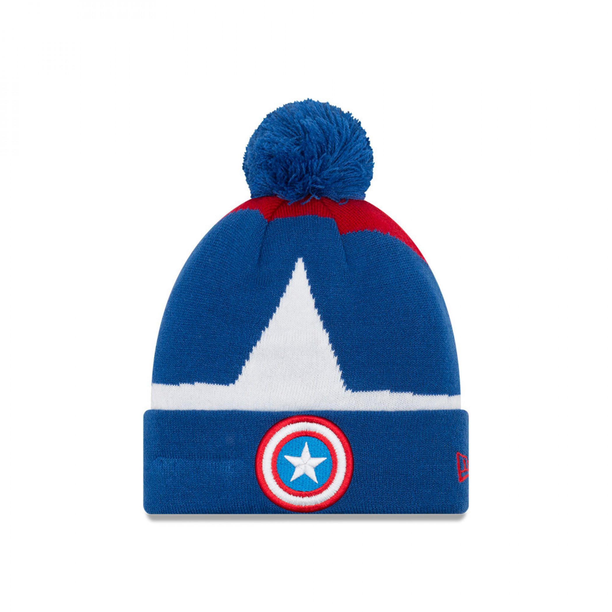 Captain America Logo Kids Cuff Knit New Era Pom Beanie, Blue