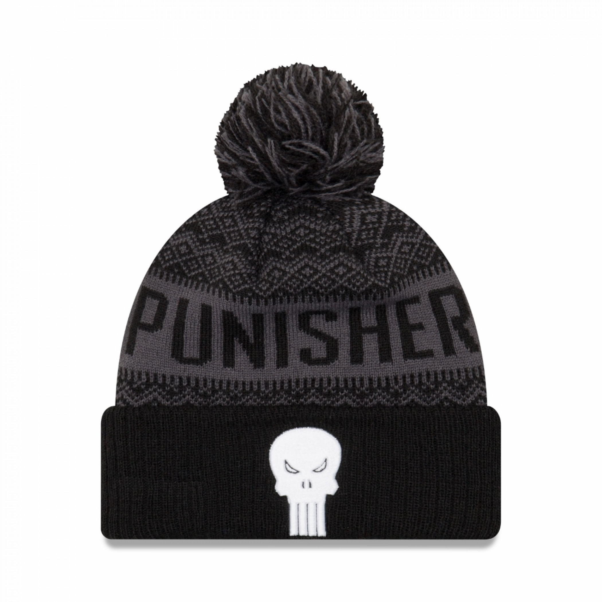 Punisher Symbol Wintry Pom Pom Beanie, Black