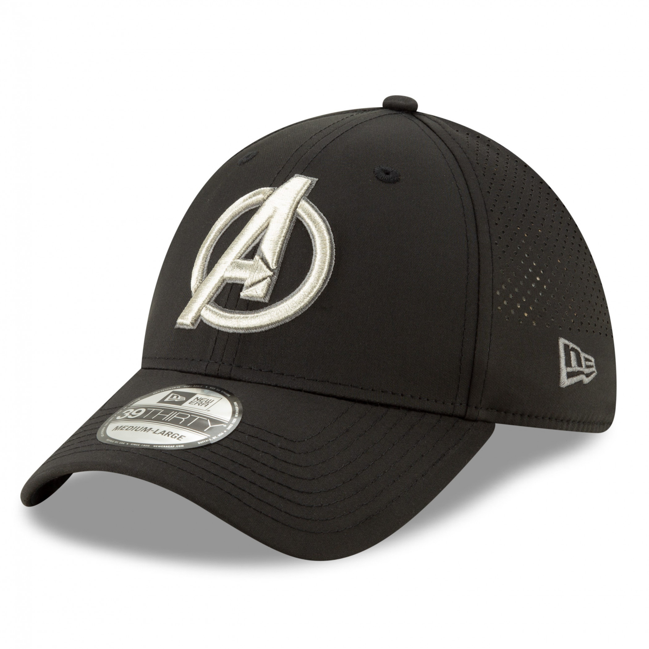 Avengers Silver Symbol Perforated for Play New Era 39Thirty Fitted Hat, Black