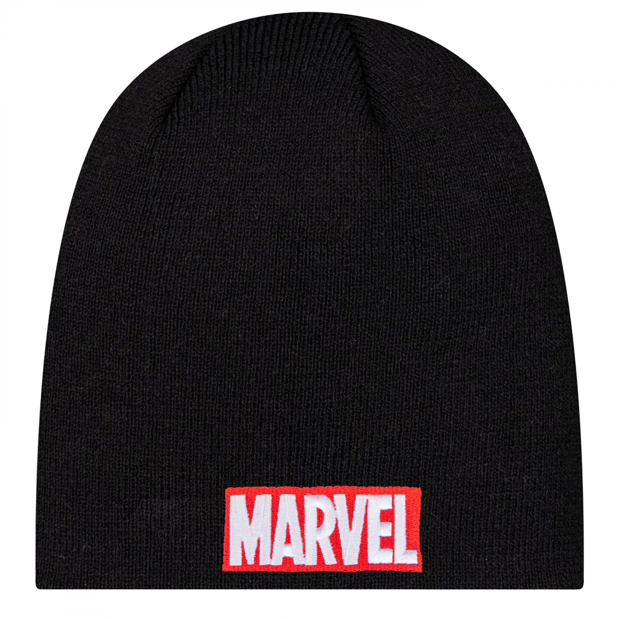 Marvel Brand Red Text Logo Knit New Era Beanie, Black