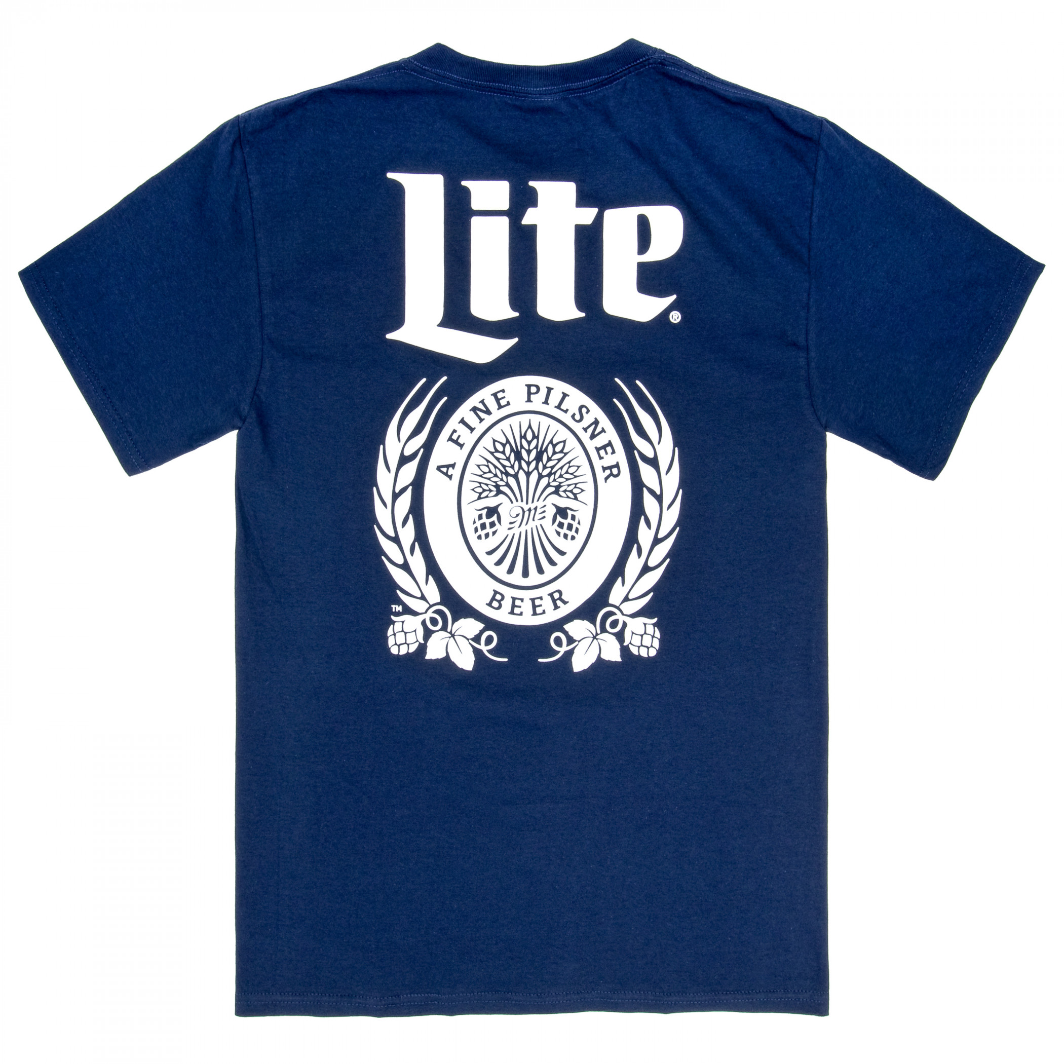 Miller Lite Beer Front and Back Navy and White Logo Print Pocket T-Shirt