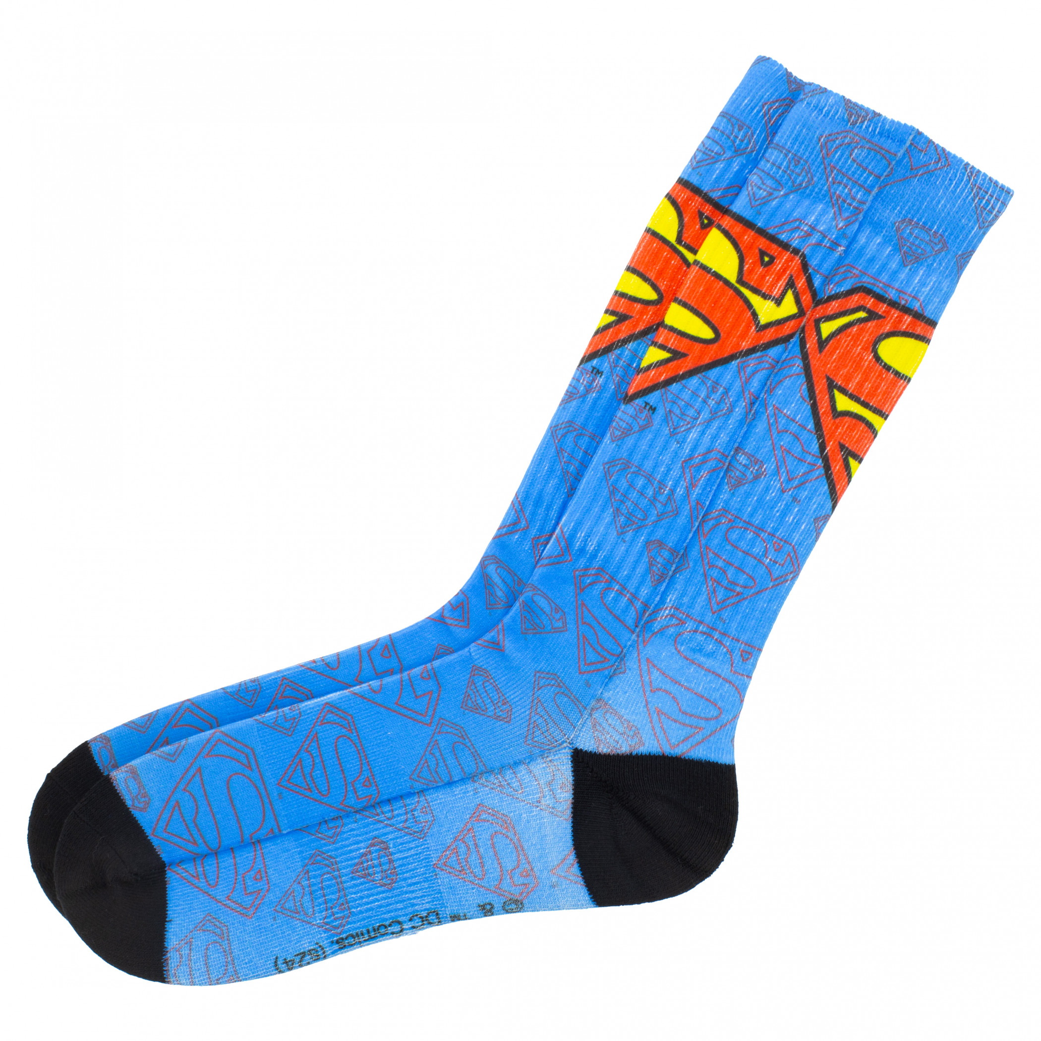 Superman Logo and Symbols All Over Crew Socks, Blue
