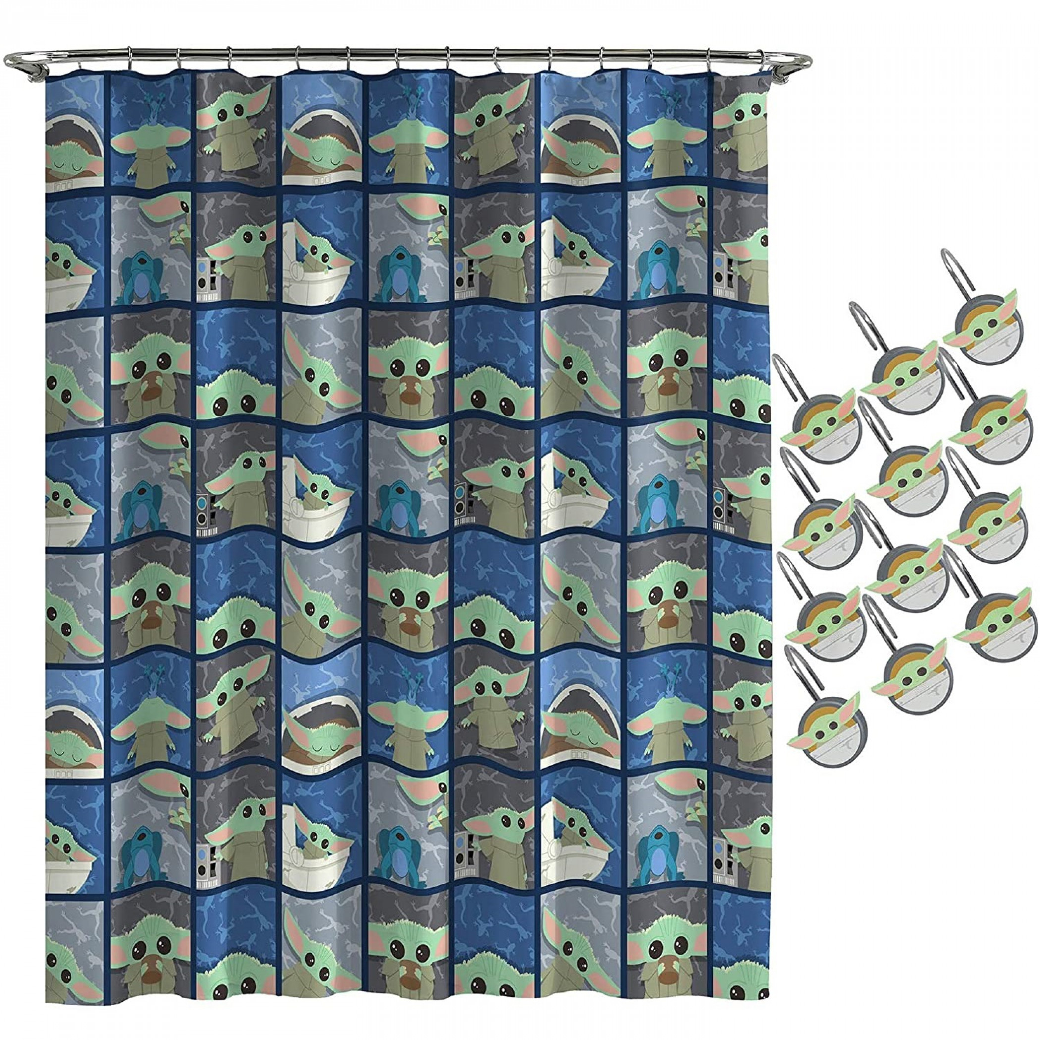 Star Wars The Mandalorian The Child Shower Curtain and Hooks Set, Multi-Color