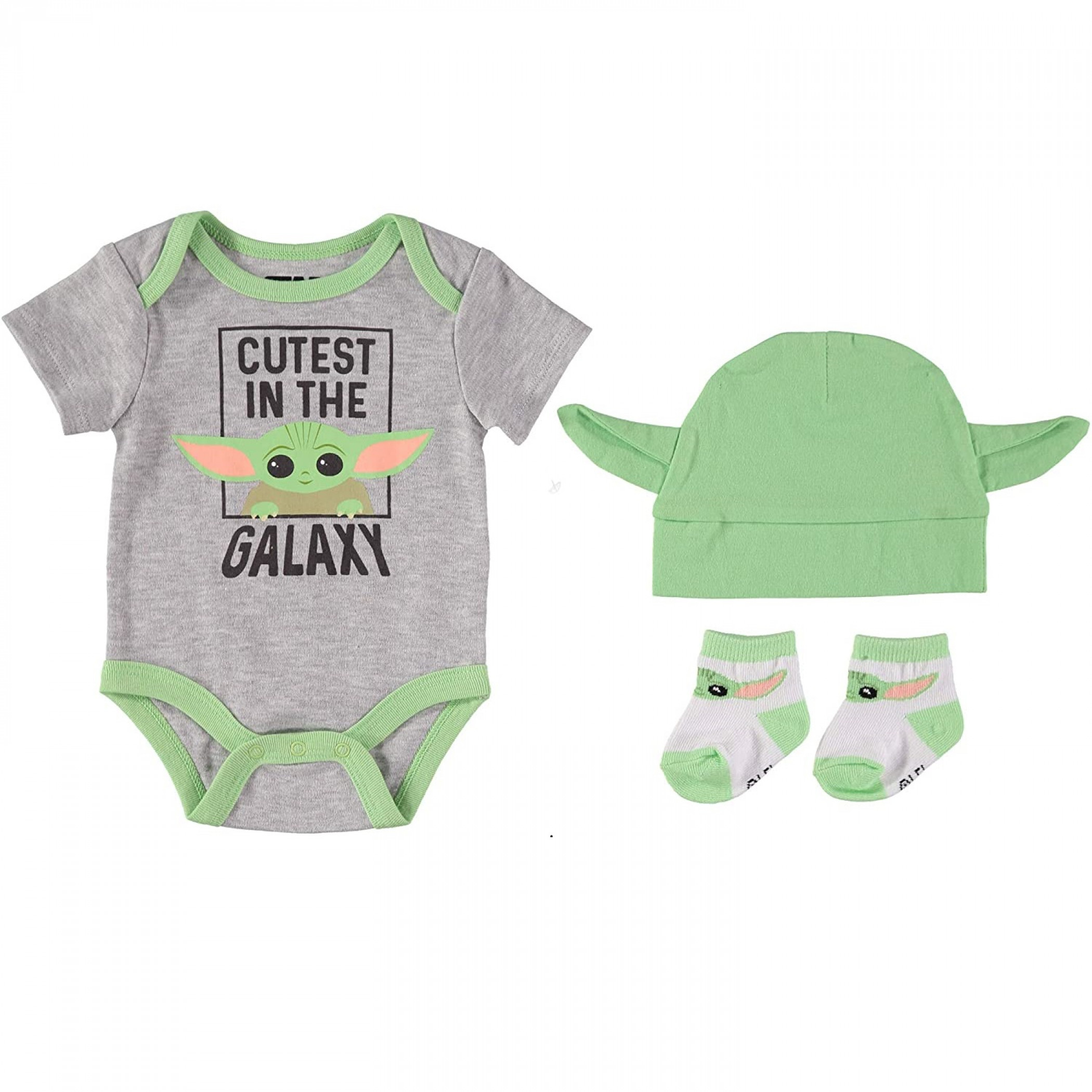 Star Wars The Mandalorian Grogu 3-Piece Bodysuit Set, Grey