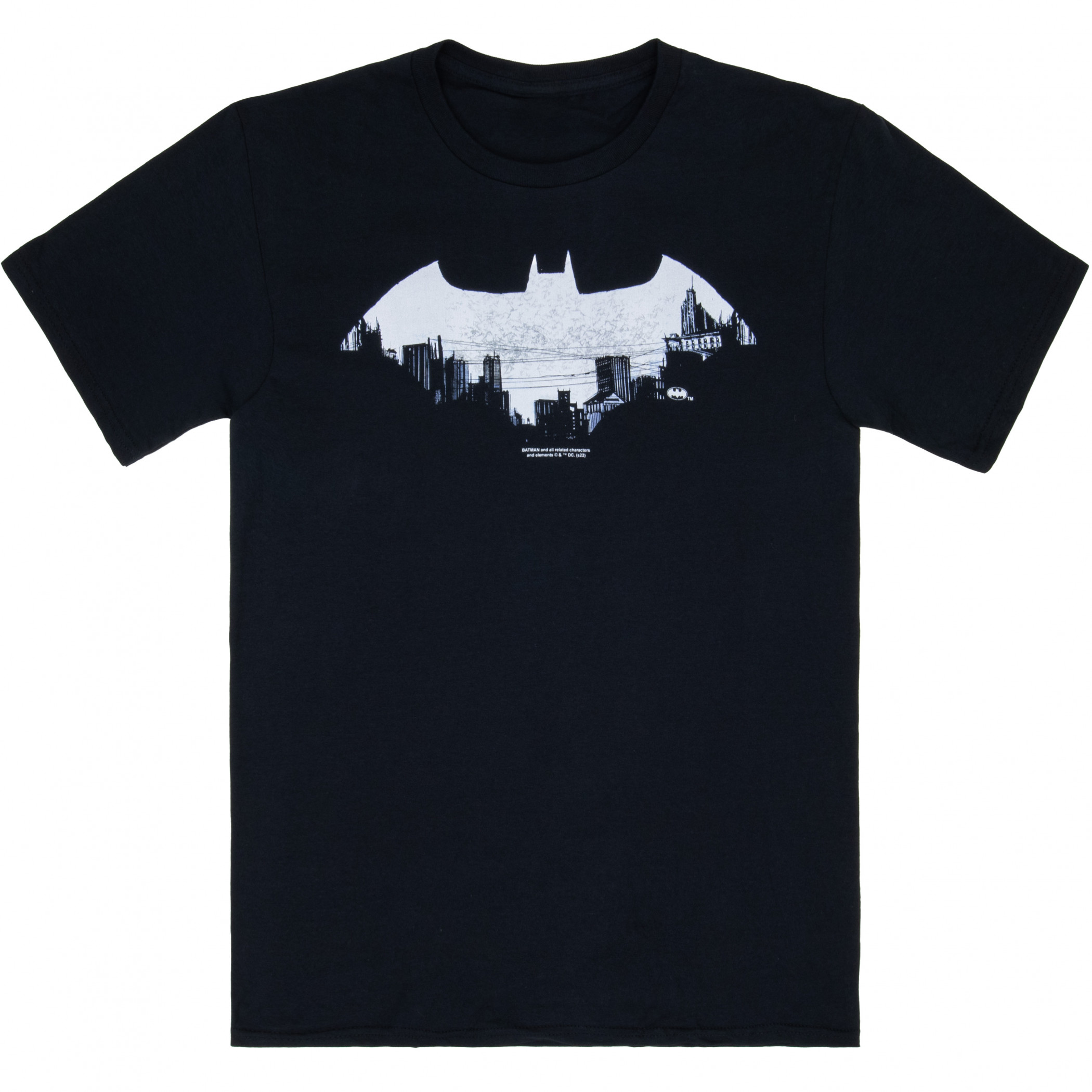 Batman Gotham Cityscape in Symbol T-Shirt, Black