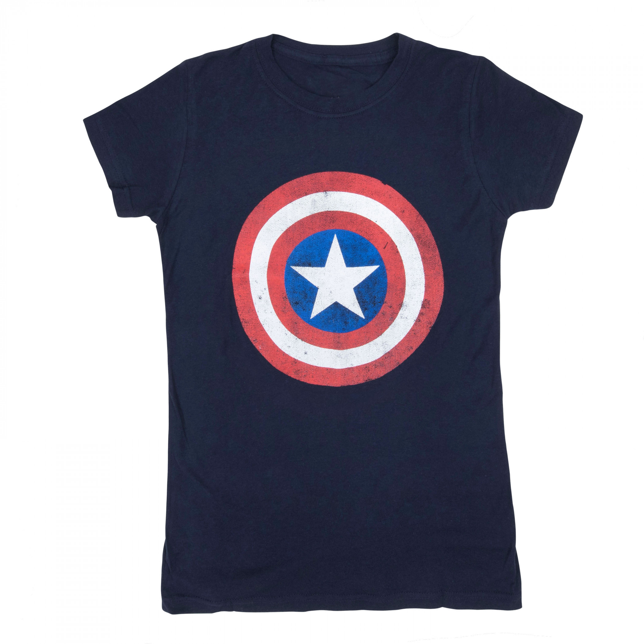 Captain America Distressed Shield Symbol Women's T-Shirt, Blue