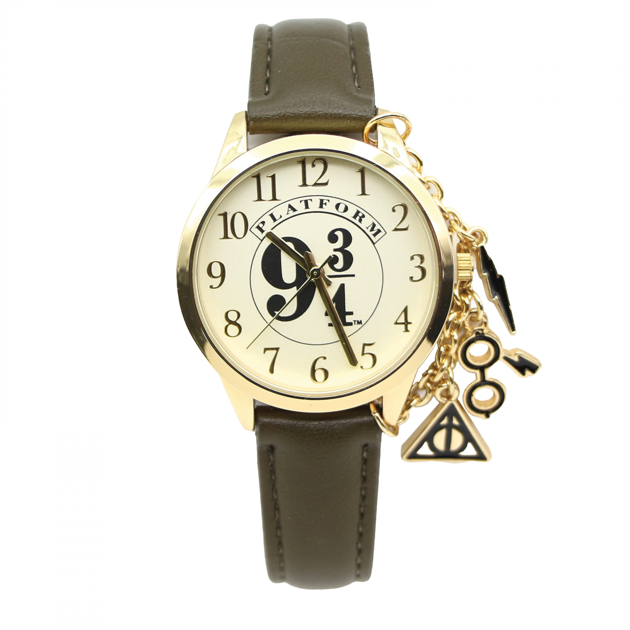 Harry Potter 9 3/4 Watch with Symbol Charms and Faux Leather Band, Brown