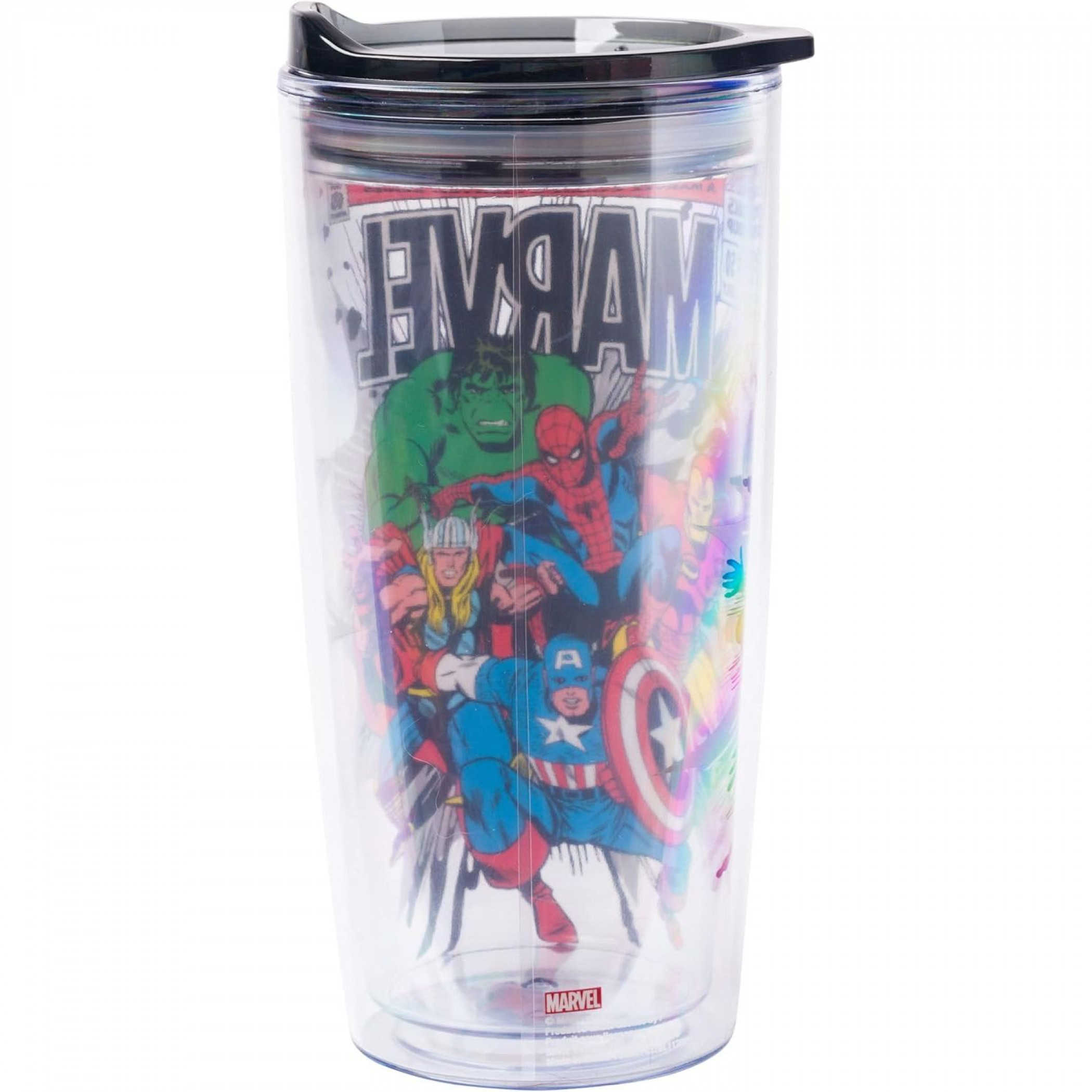 Avengers Retro Comic Cover 20oz Double Wall Travel Tumbler with Lid, Multi-Color