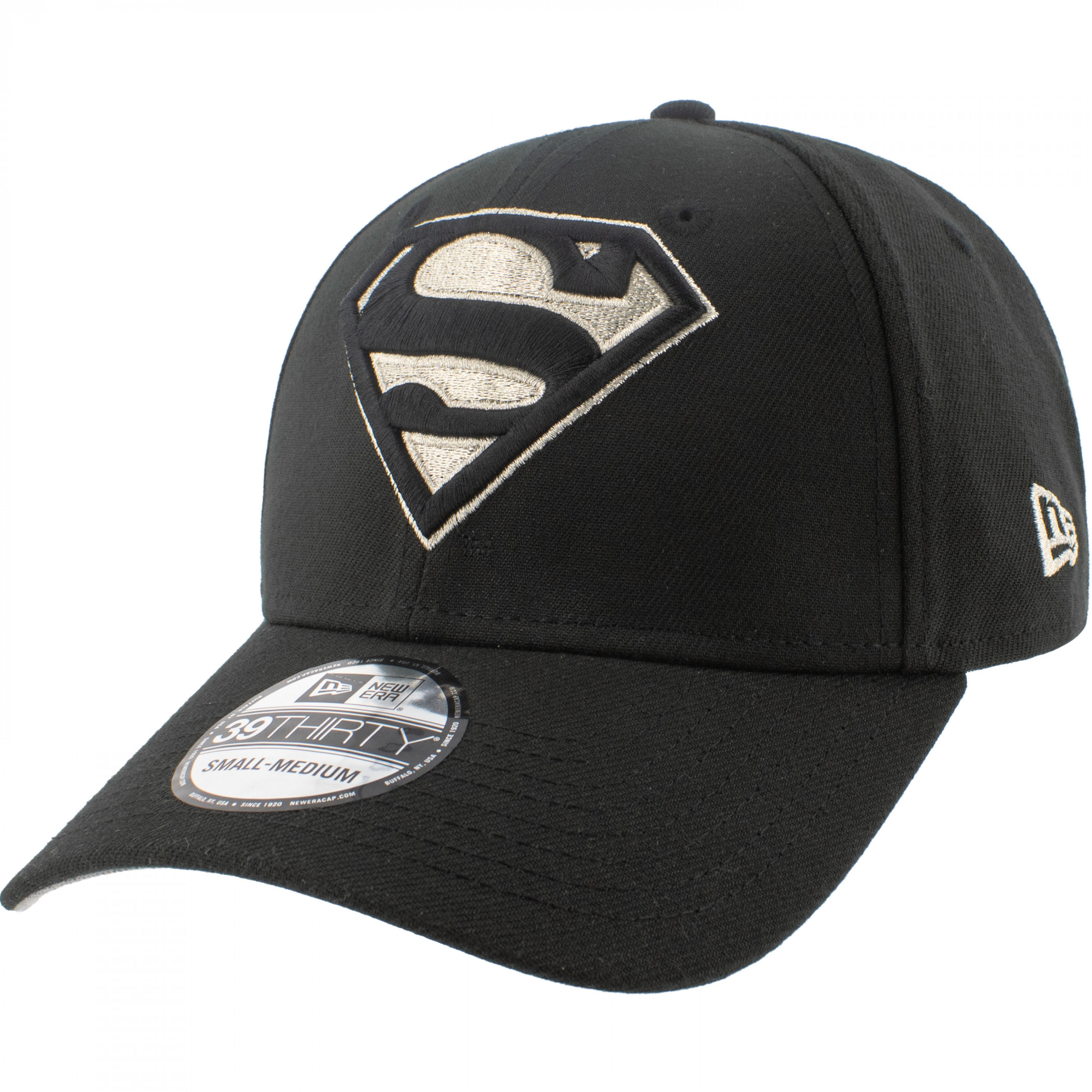 Superman Silver Logo New Era 39Thirty Fitted Hat, Black