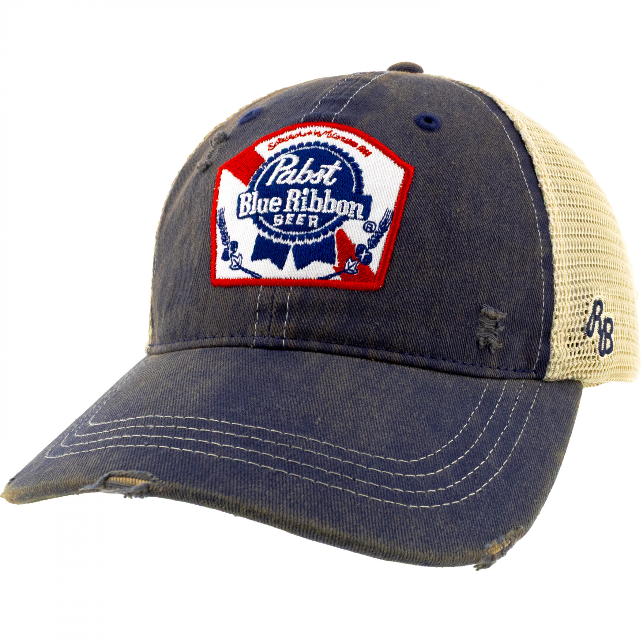 Pabst Blue Ribbon Logo Distressed Denim Trucker Hat