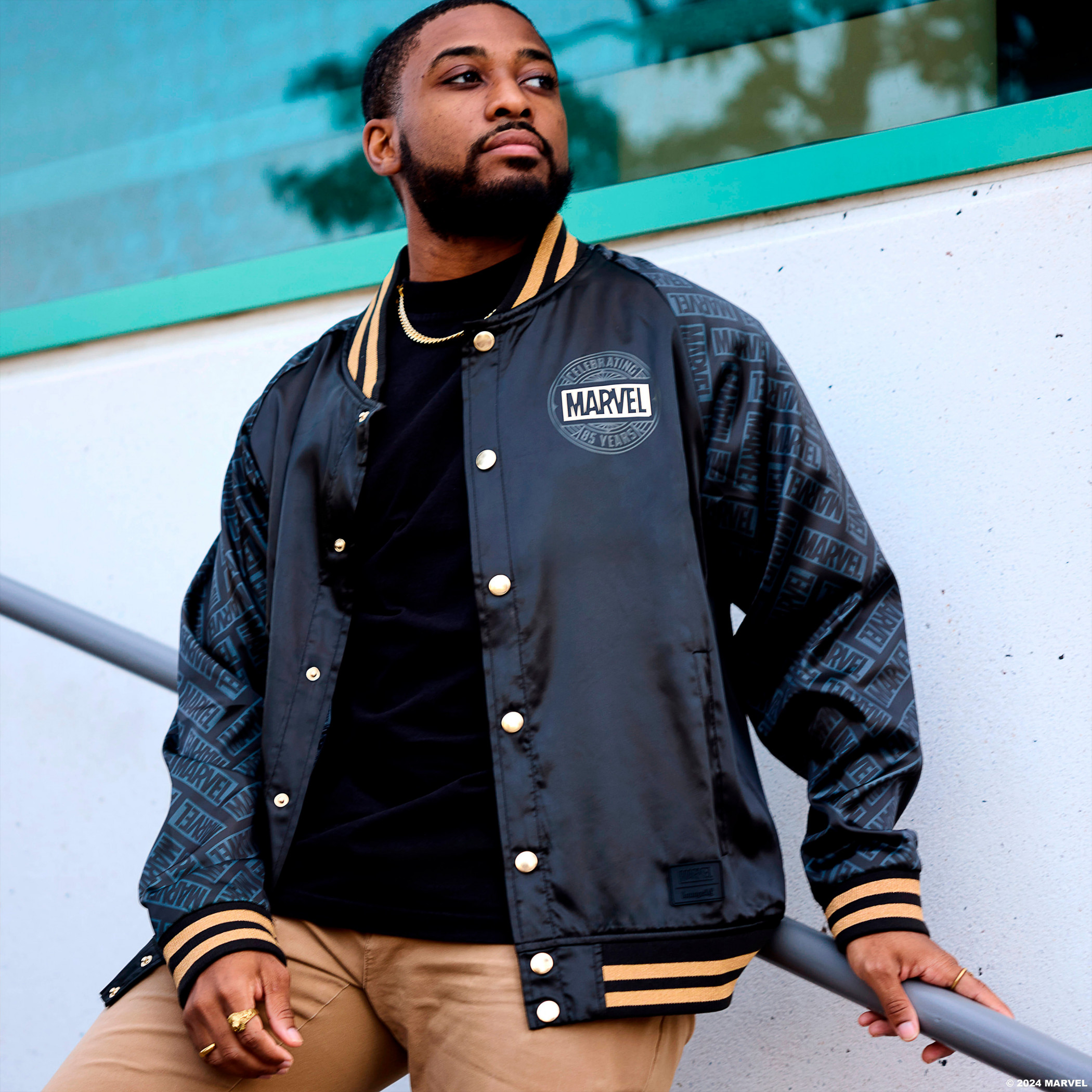 Marvel 85th Anniversary Golden Logo Satin Bomber Jacket By