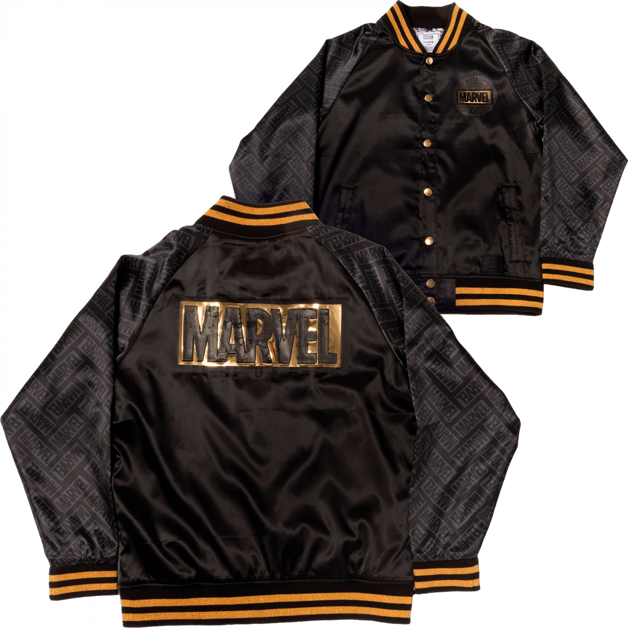 Marvel 85th Anniversary Golden Logo Satin Bomber Jacket By