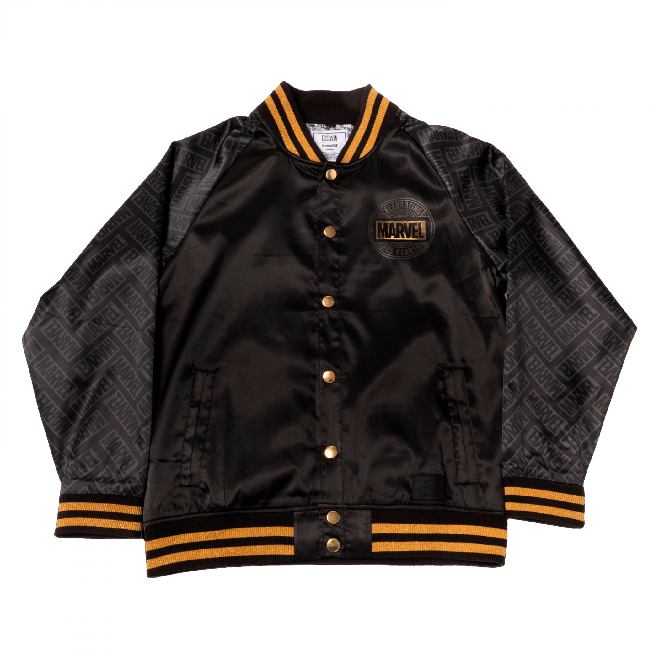 Marvel 85th Anniversary Golden Logo Satin Bomber Jacket By
