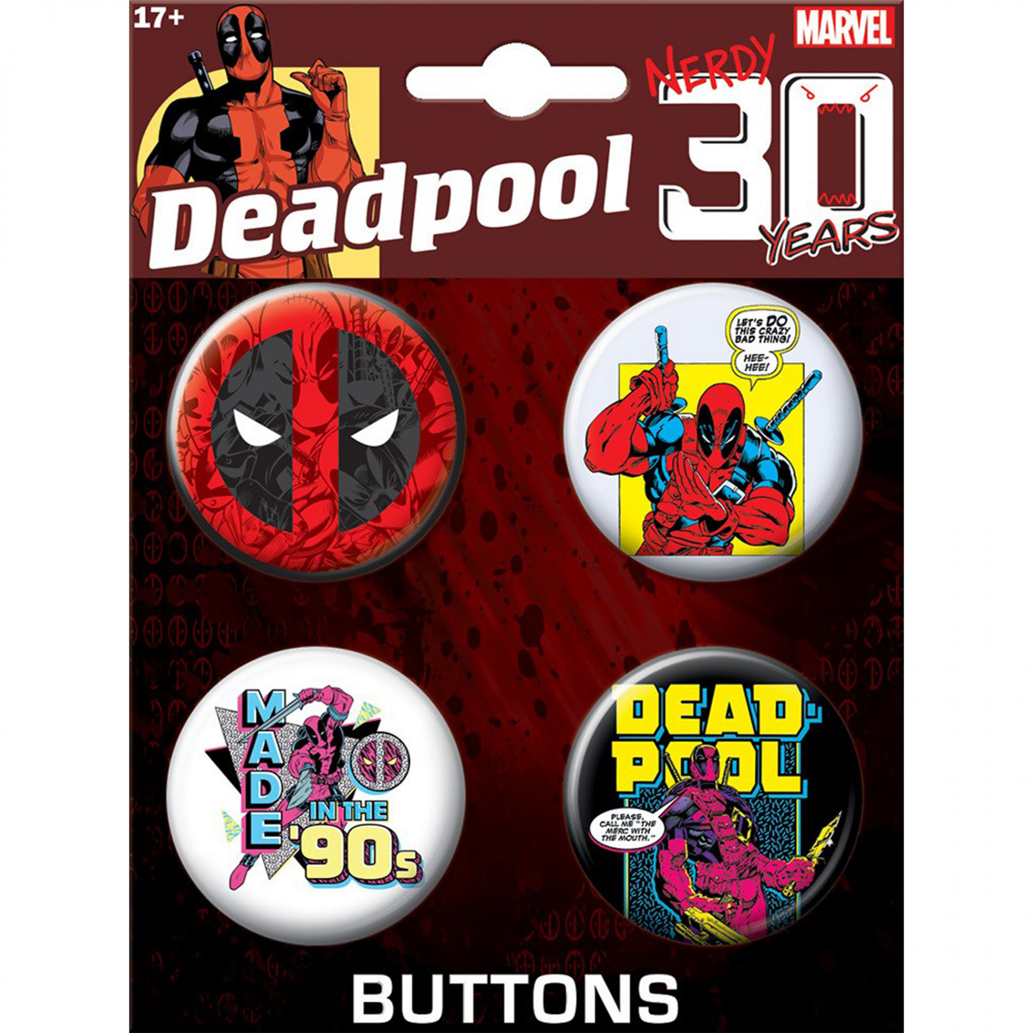 Marvel Comics Deadpool 30th Anniversary 4-Piece Button Set, Multi-Color
