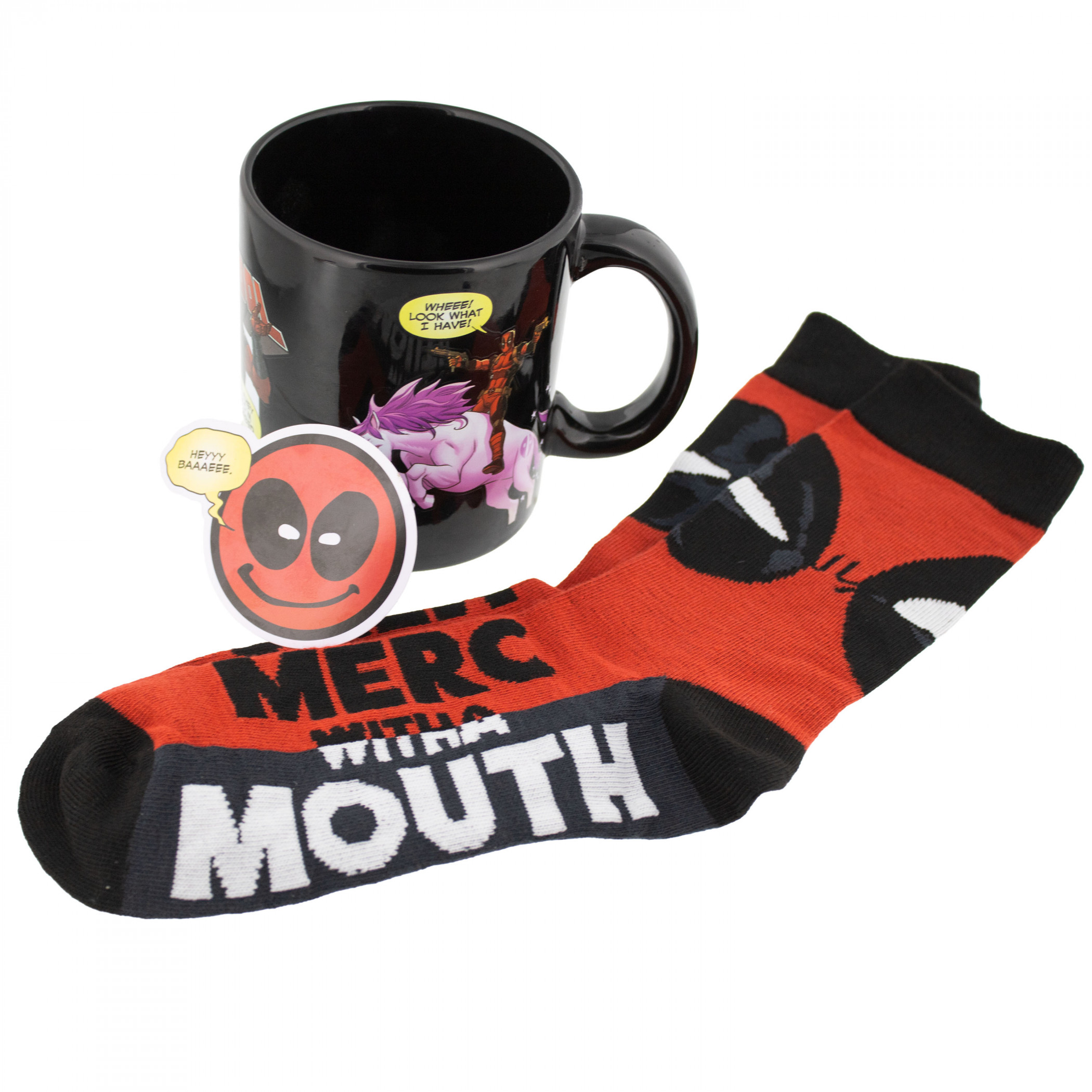 Deadpool Merc with a Mouth Socks Sticker and Mug Bundle, Multi-Color