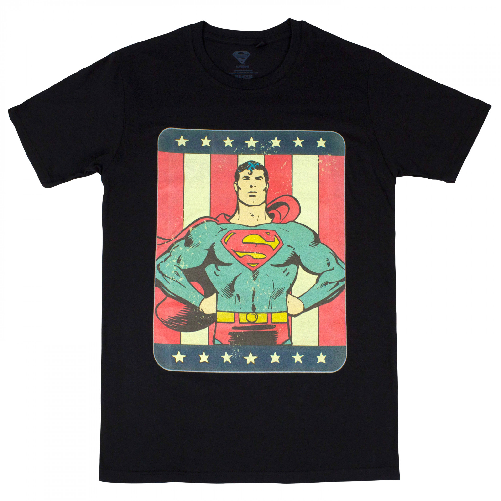 Superman with American Flag Vintage Comic T-Shirt, Black