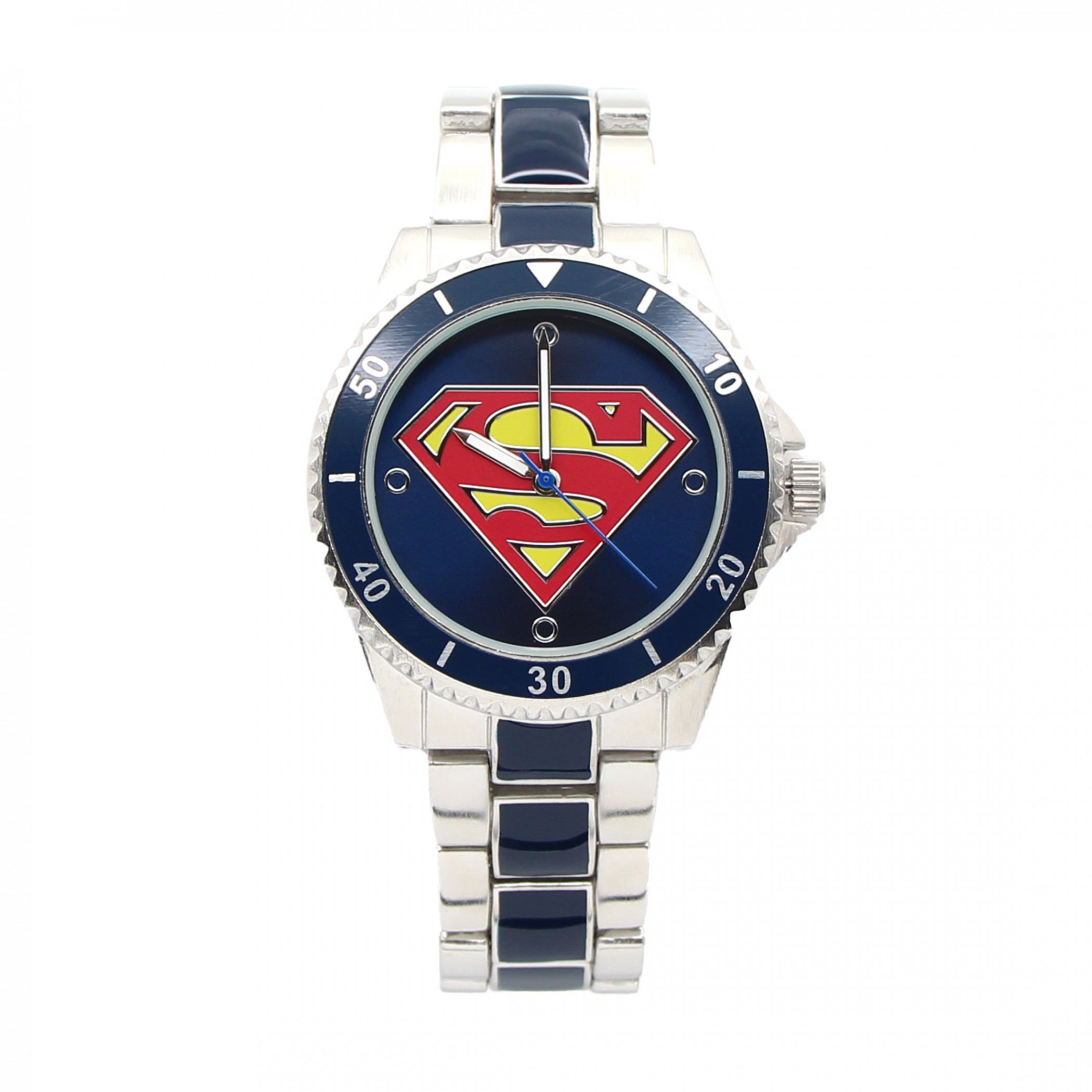 Superman Classic Logo Silver and Blue Analog Watch with Metal Band, Silver