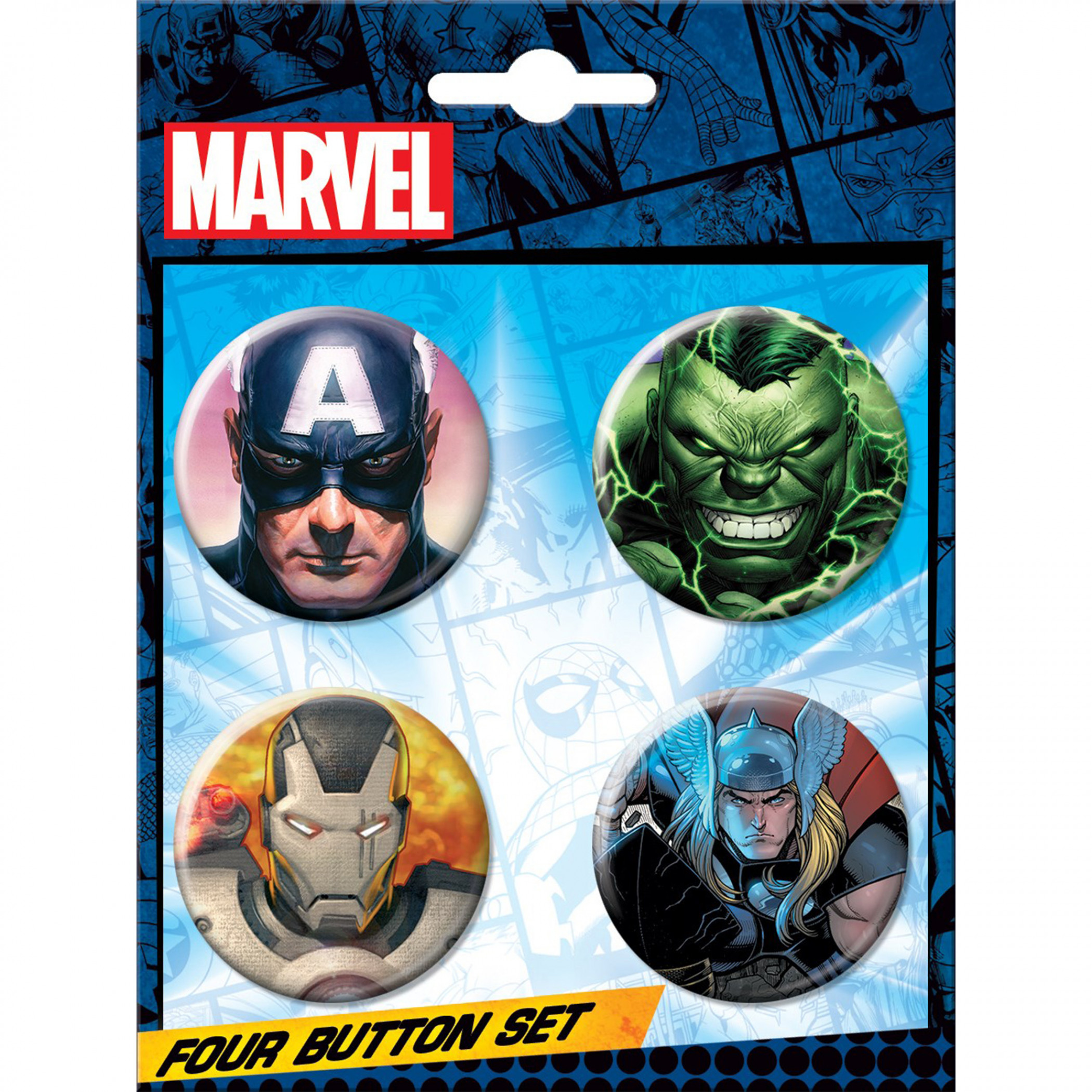 Marvel Comics Avengers Thor  Capt. America  Hulk & Ironman 4 Button Set, Multi-Color