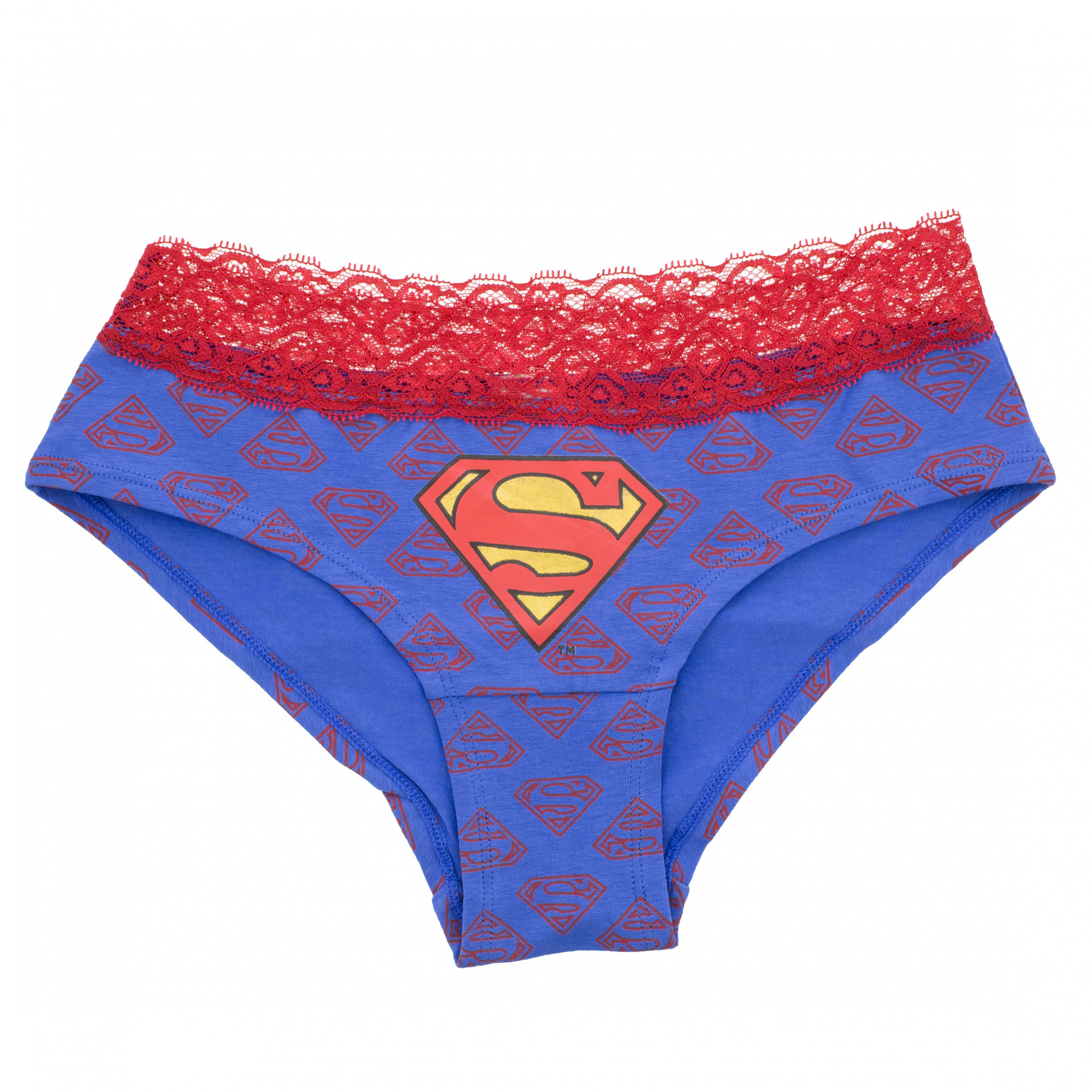 Superman Lace Trim Women's Hipster Underwear, Blue