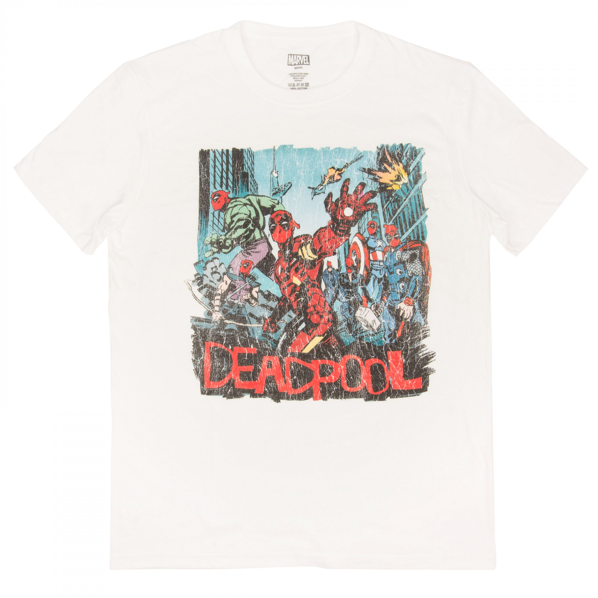 Deadpool Distressed Avengers Hero Scene T-Shirt, White