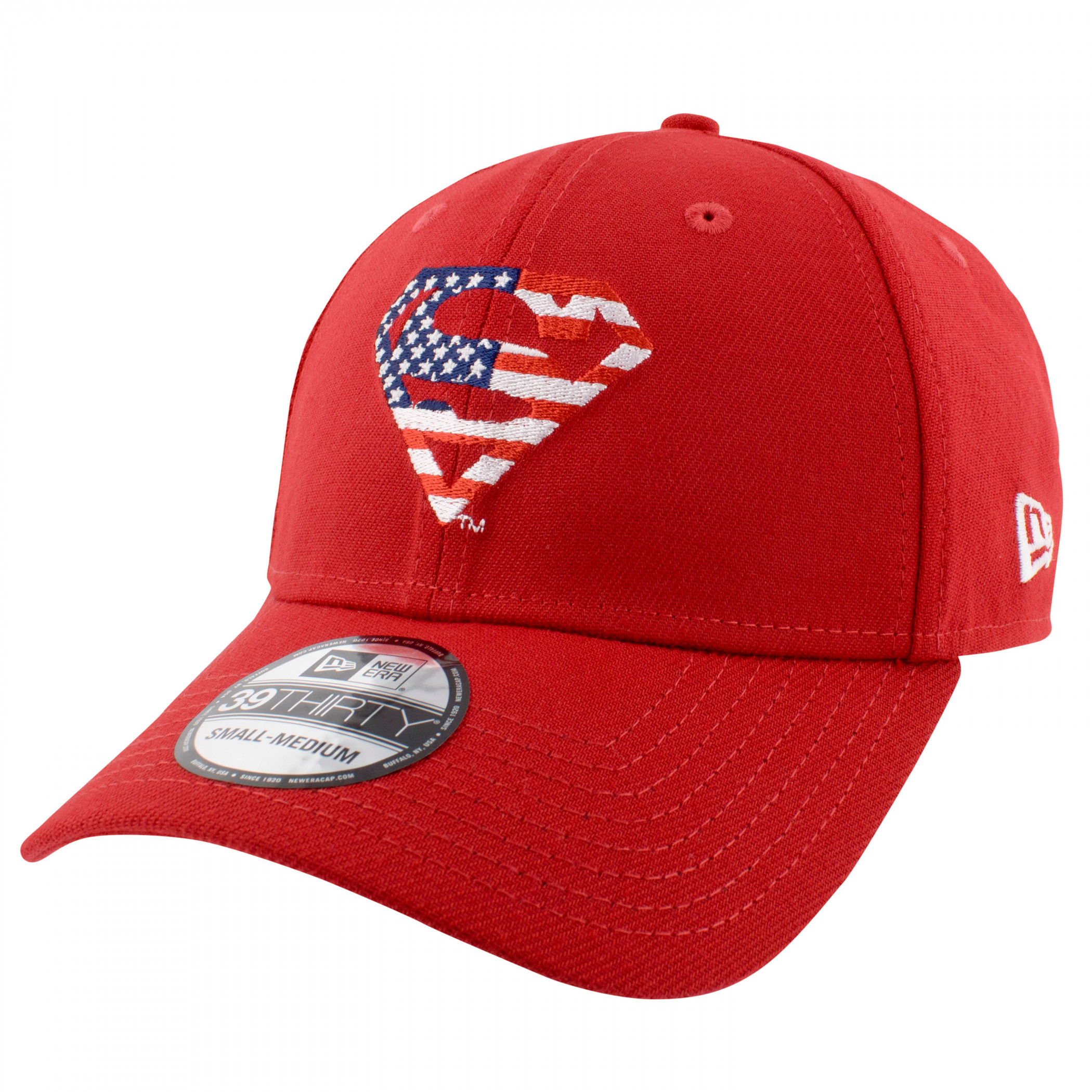 Superman American Flag Logo New Era 39Thirty Fitted Hat, Red