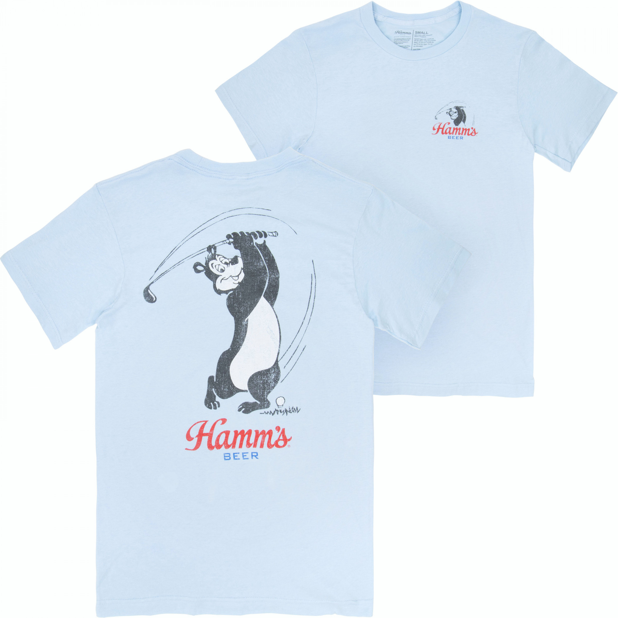 Hamms Beer Golf Swing Blue Colorway Front and Back Print T-Shirt