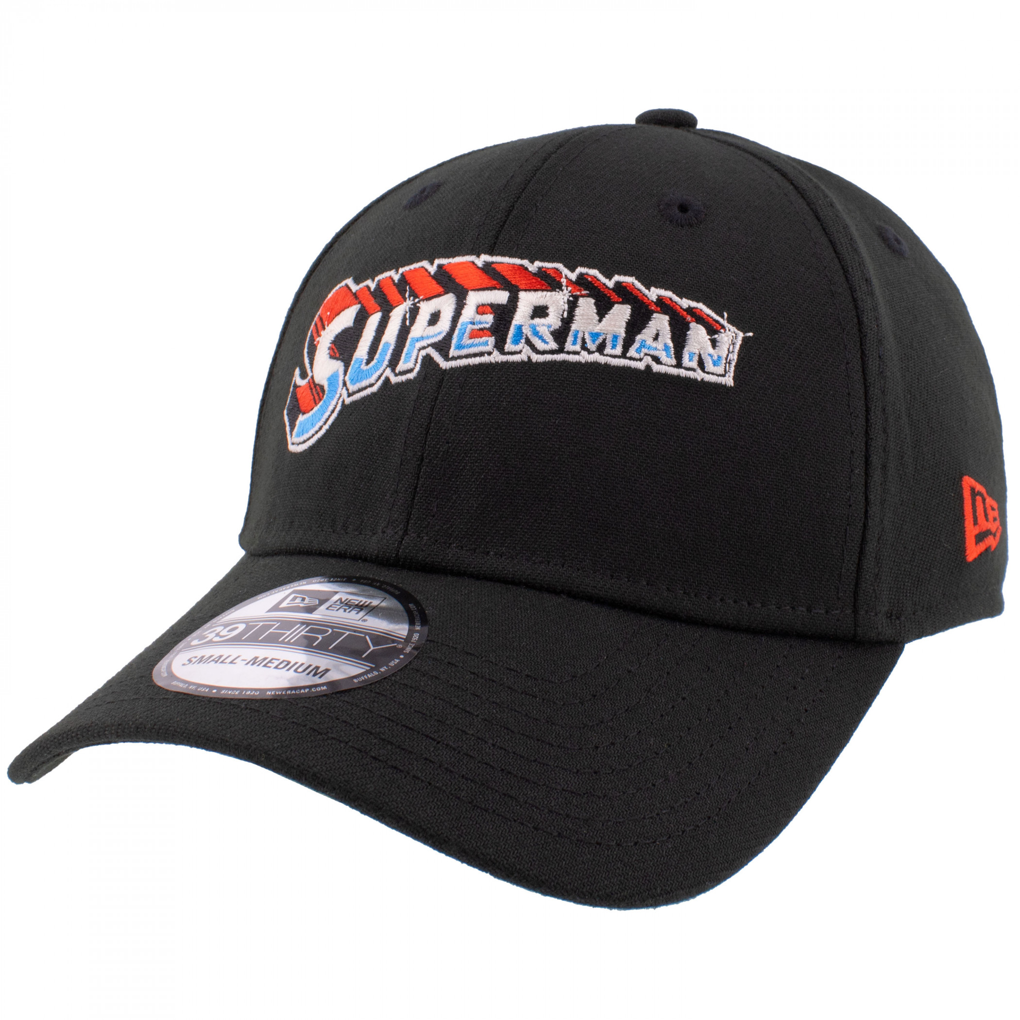 Superman Steel Text Logo New Era 39Thirty Fitted Hat, Black