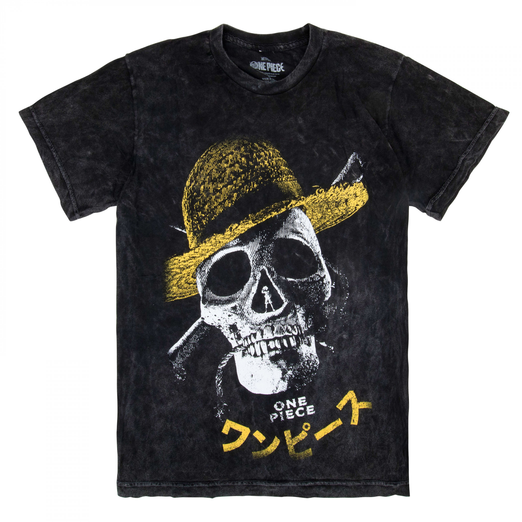 One Piece Straw Hat Skull Black Distressed T-Shirt, Black