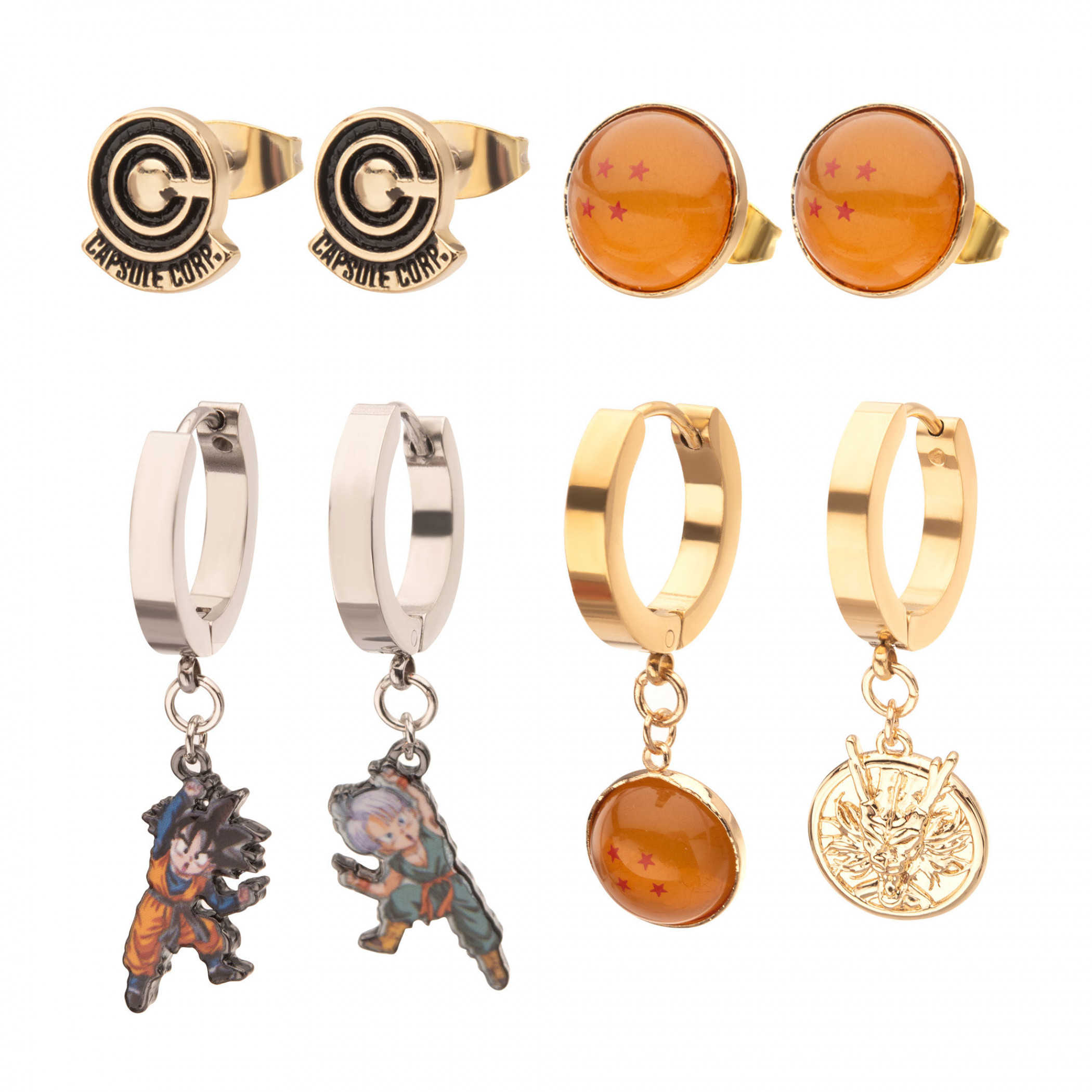 Dragon Ball Z Symbols 3-Pair Stud and Huggies Earrings Set, Multi-Color