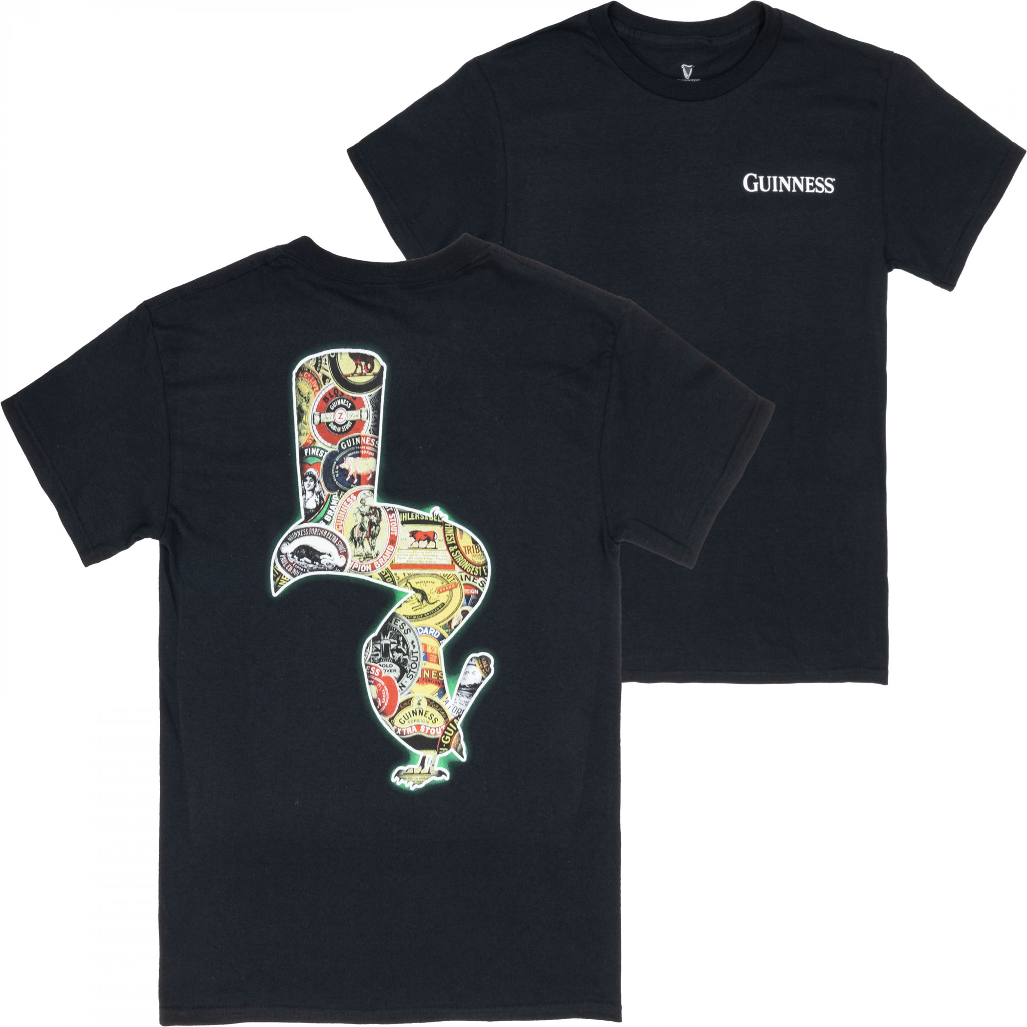 Guinness Toucan Logo Collage Front and Back Print T-Shirt