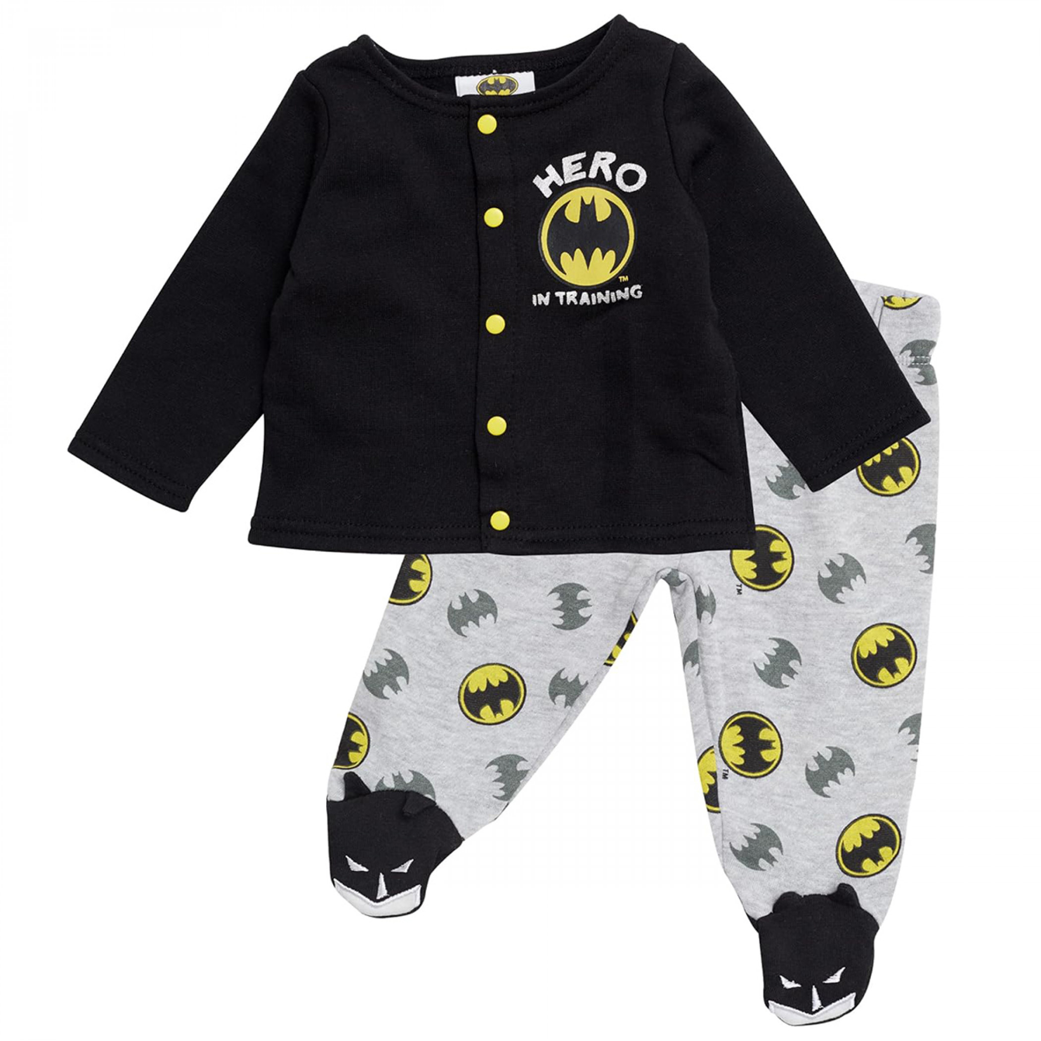 Batman Hero In Training Outfit with Snap Shirt and Baby Footed Pants Pajamas Set, Black