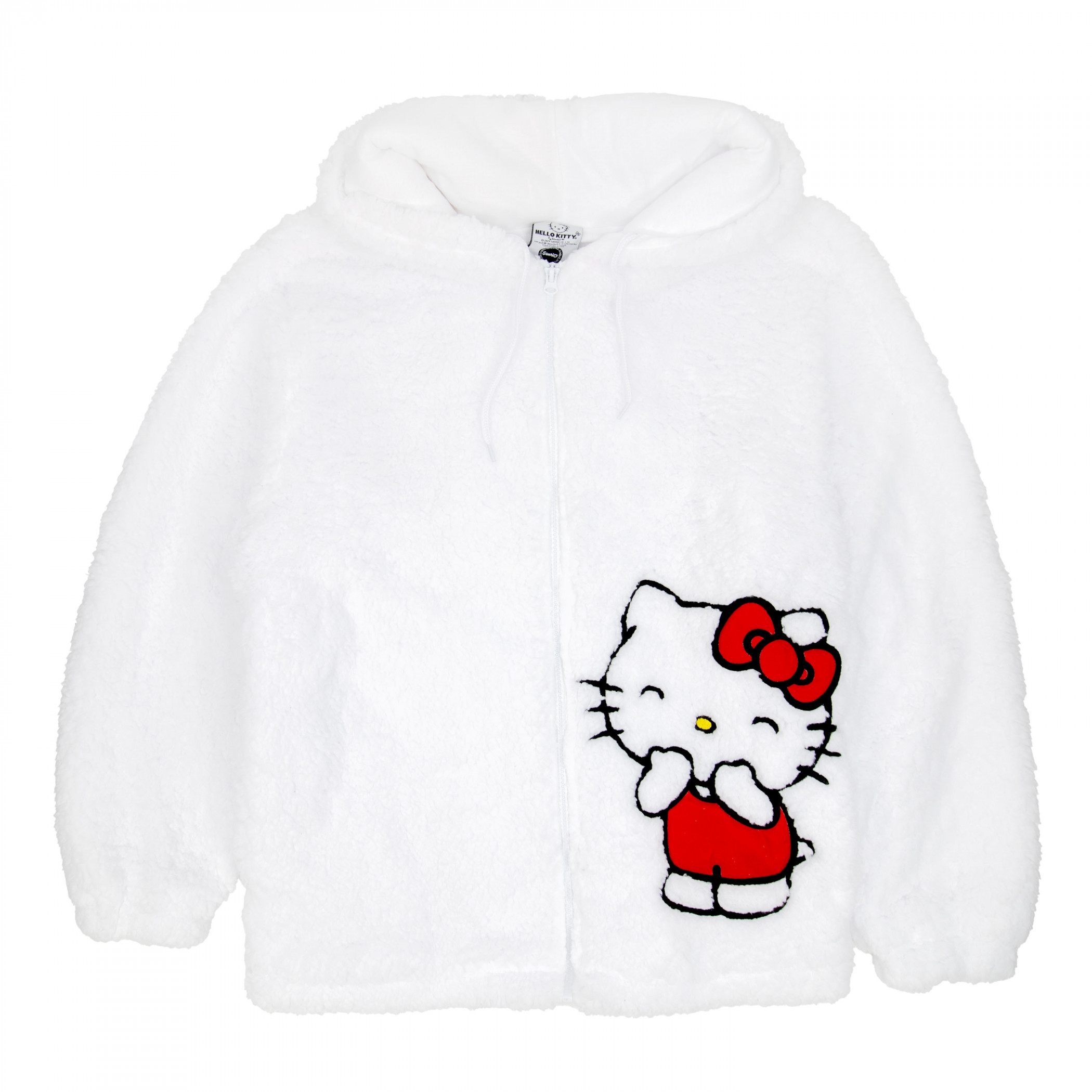Hello Kitty Sewn On Ears and Bow Zip-Up Fuzzy Hoodie with Applique Art, White