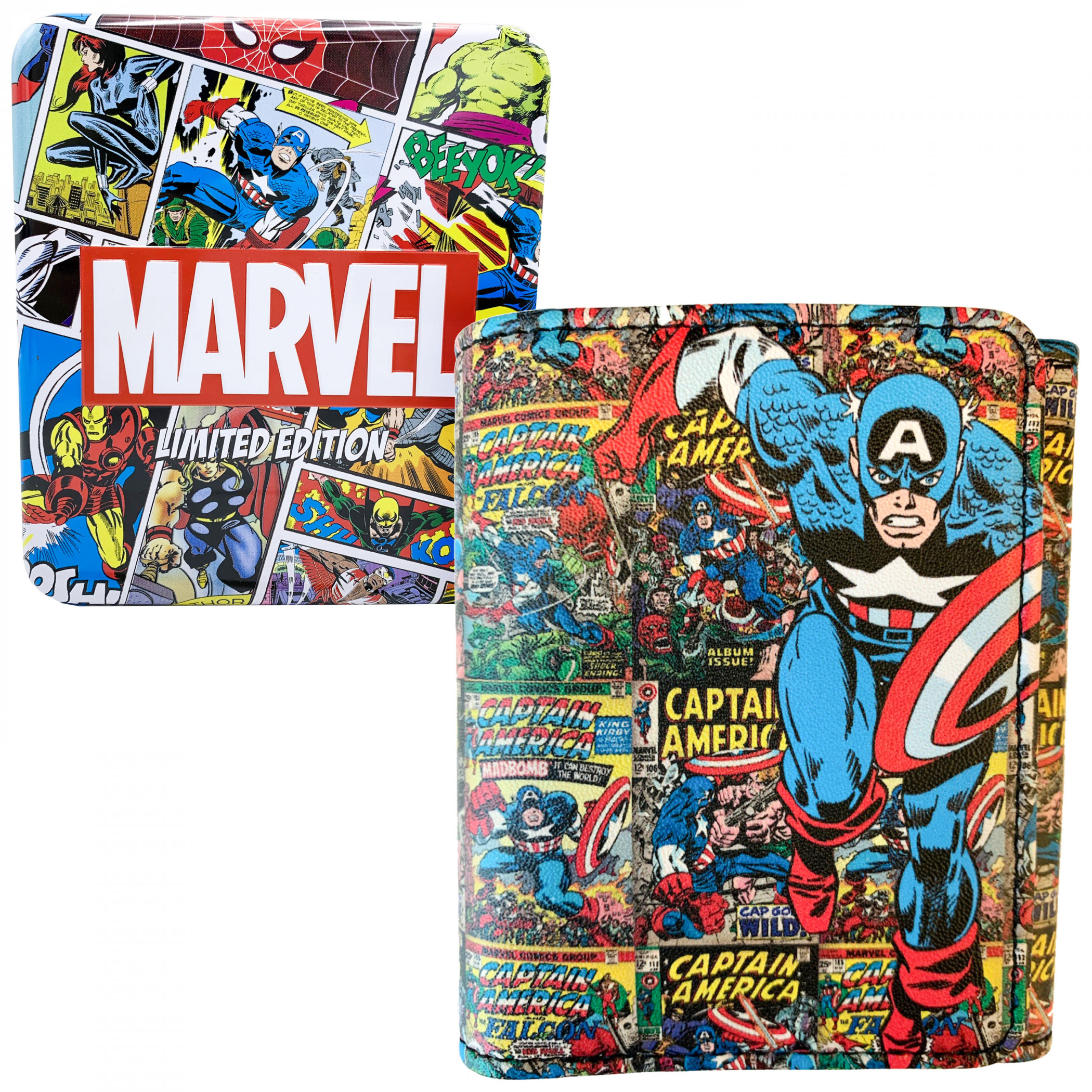 Captain America Cover Collage Trifold Wallet in Collectors Tin, Multi-Color