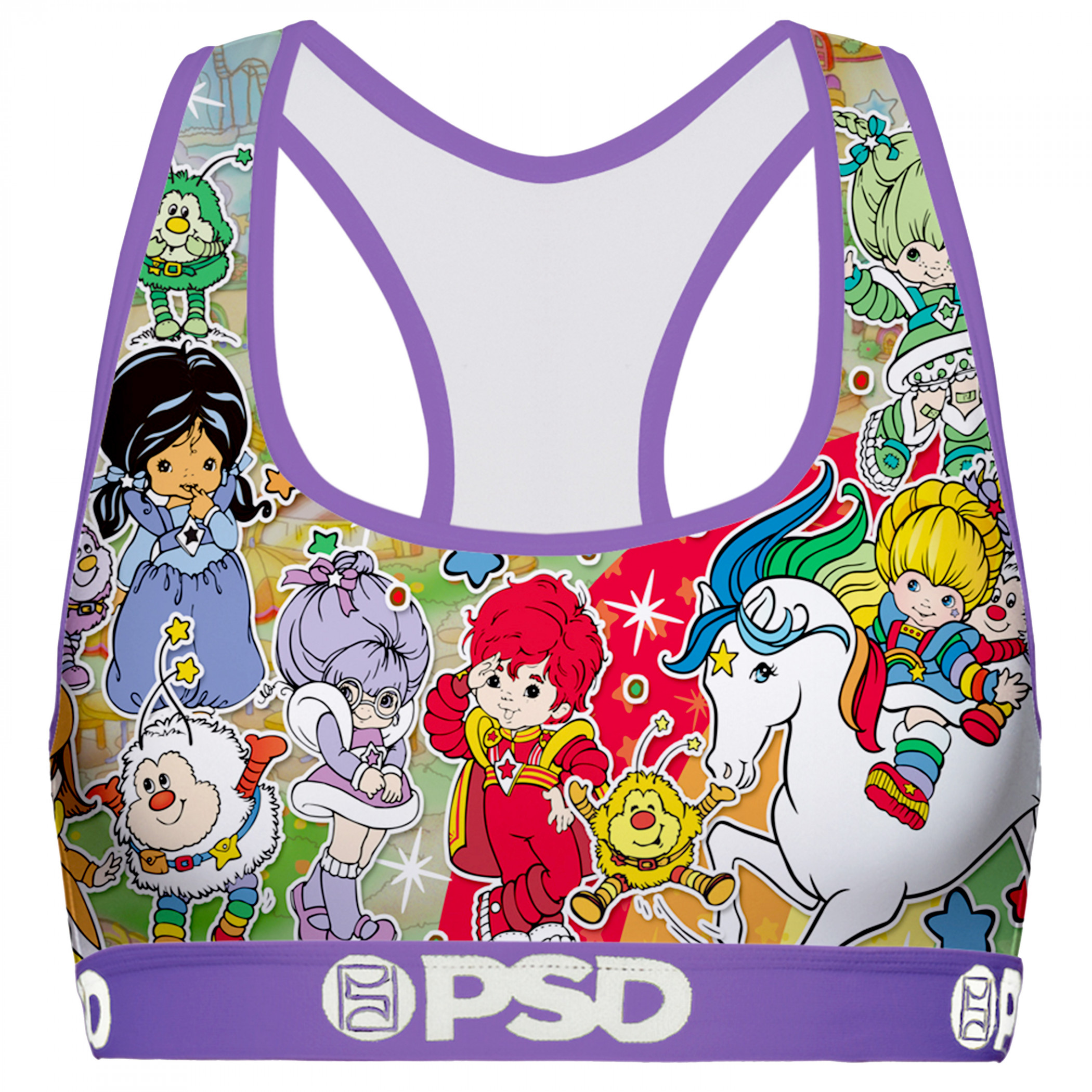 Rainbow Brite Sticker Collage PSD Sports Bra, Multi-Color