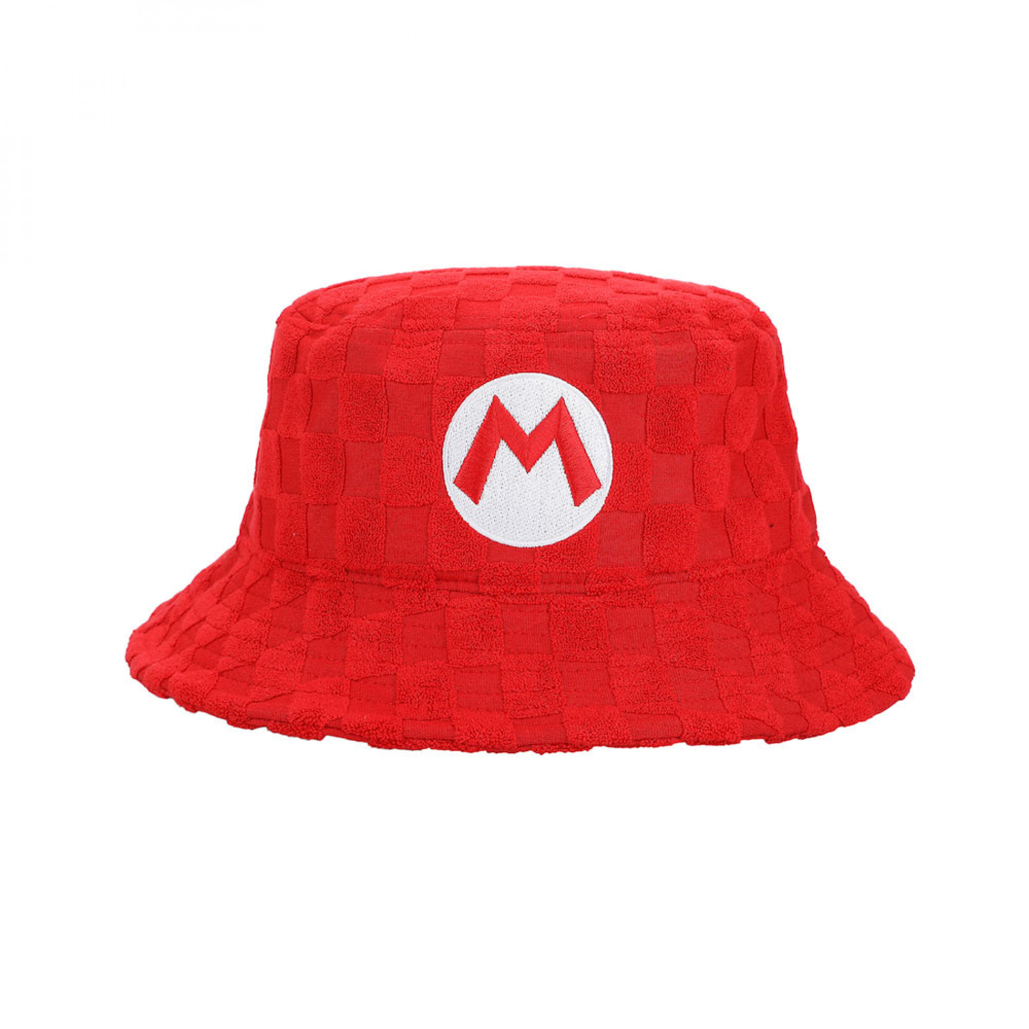 Super Mario Bros. Mario Embroidered Checkered Terry Cloth Bucket Hat, Red